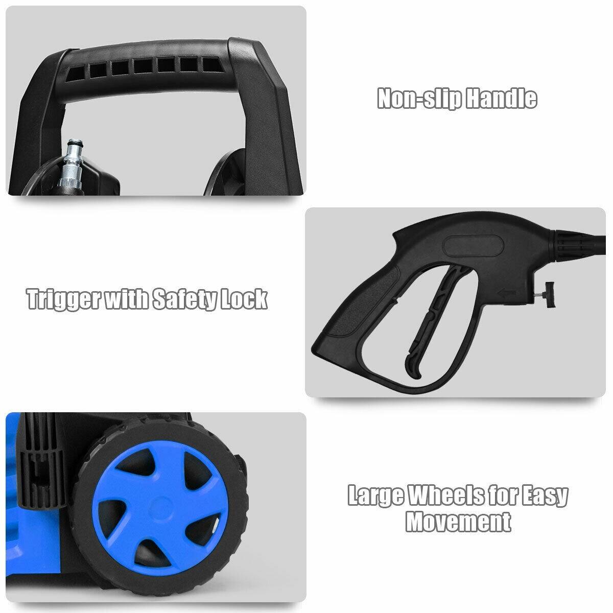Non-slip Handle
Trigger with Safety Lock
Large Wheels for Easy Movement