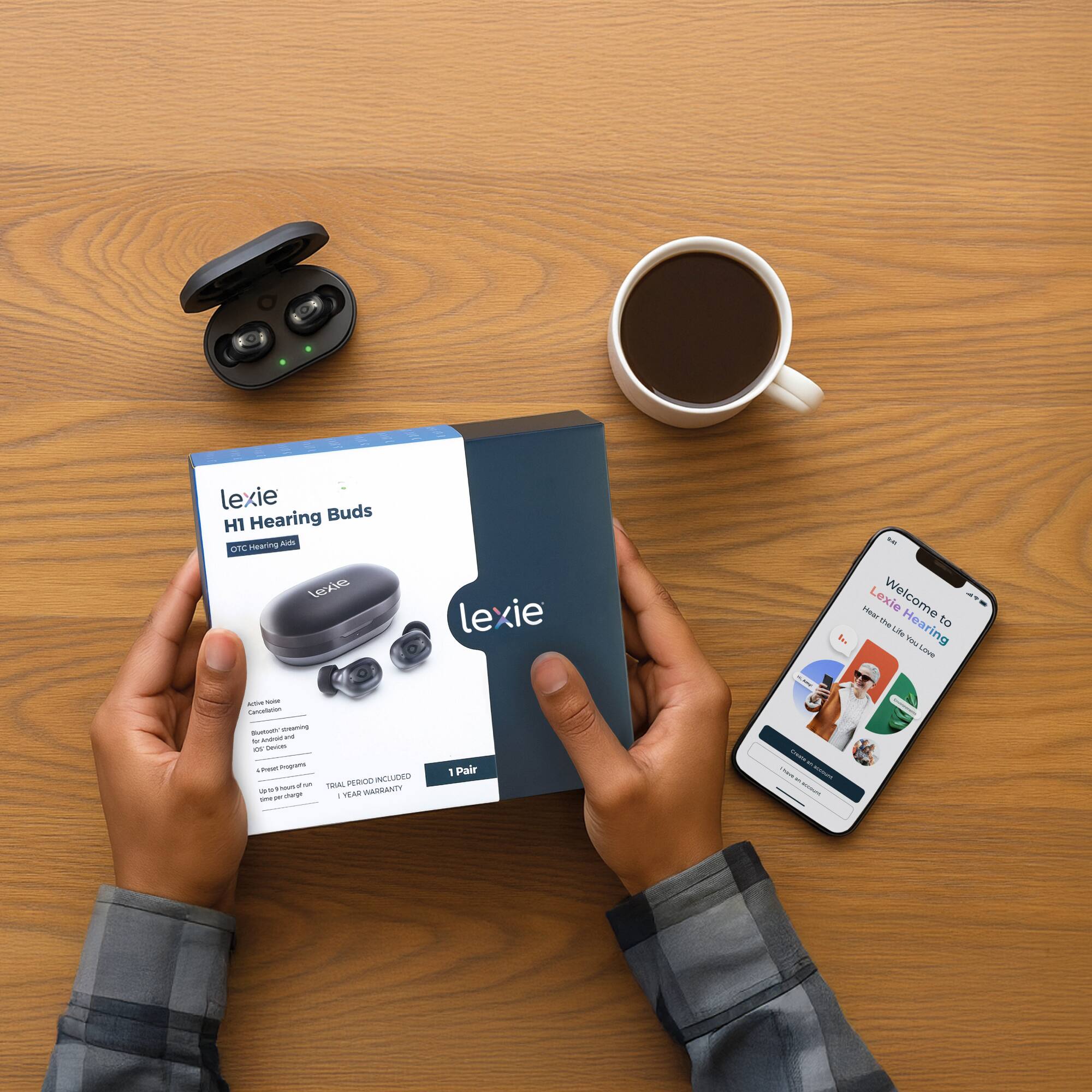 lexie  
HI Hearing Buds  

Welcome to Hearing  

1 Pair  

- Customizable for Hearing Aid  
- Bluetooth Streaming  
- 3-Week Program  
- Usable for 10 hours  
- 1 Year Warranty  

TOTAL PERIOD INCLUDED  

1 Pair  

Welcome to Hearing  
Hear the Life You Love