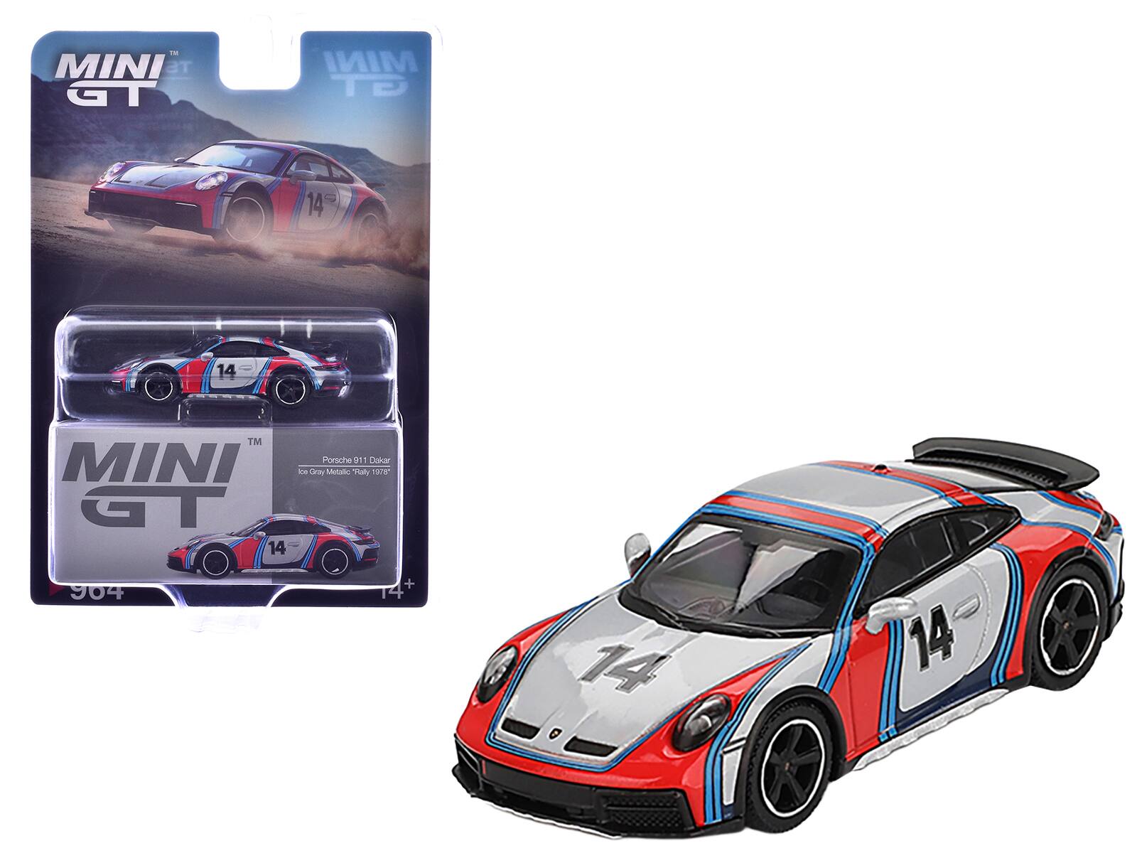Porsche 911 Dakar #14 "Rally 1978" Ice Limited Edition 1/64 Diecast Model Car by Mini GT - Gray Metallic