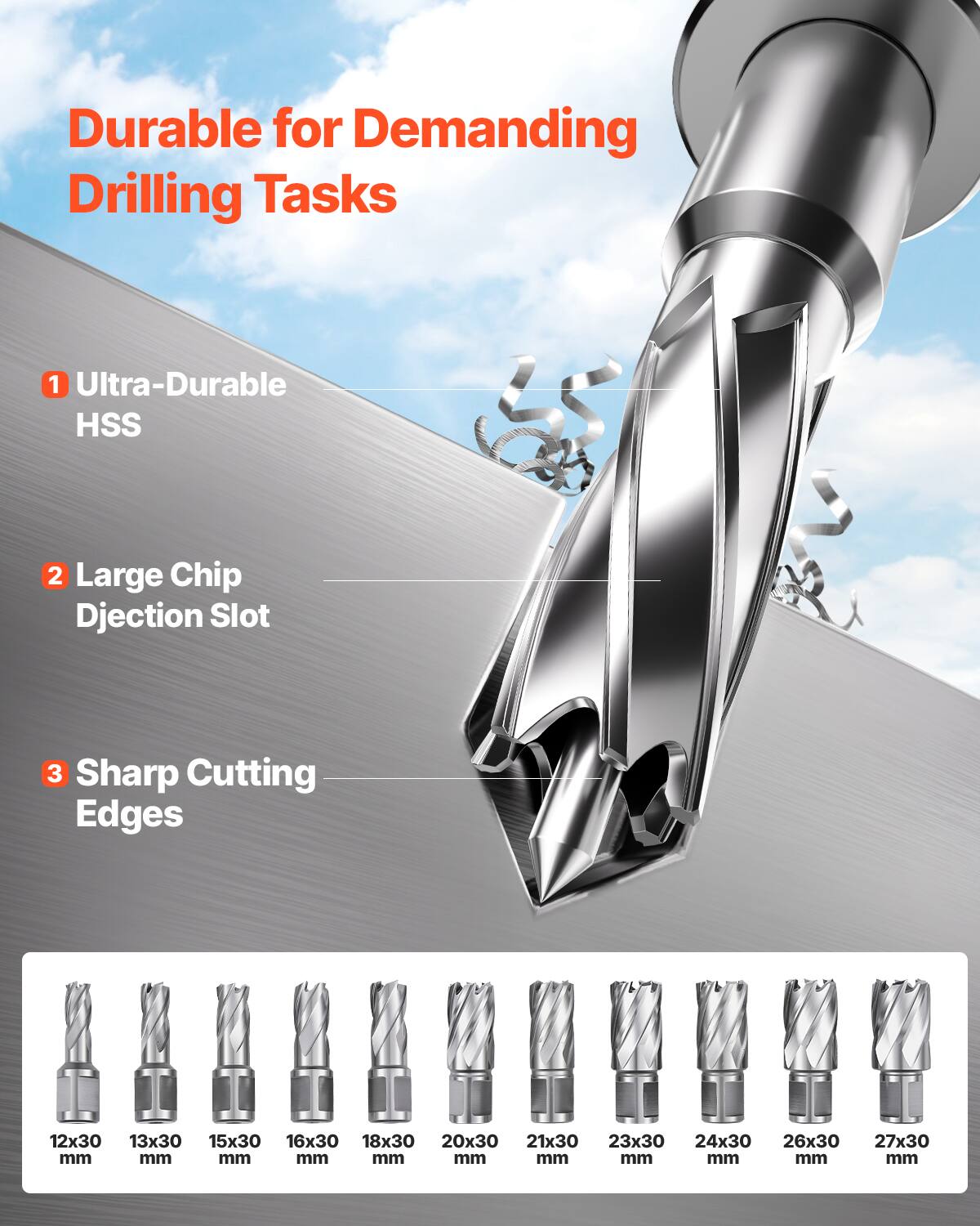 Durable for Demanding Drilling Tasks
1 Ultra-Durable HSS
2 Large Chip Djection Slot
3 Sharp Cutting Edges
12x30 mm
13x30 mm
15x30 mm
16x30 mm
18x30 mm
20x30 mm
21x30 mm
23x30 mm
24x30 mm
26x30 mm
27x30 mm