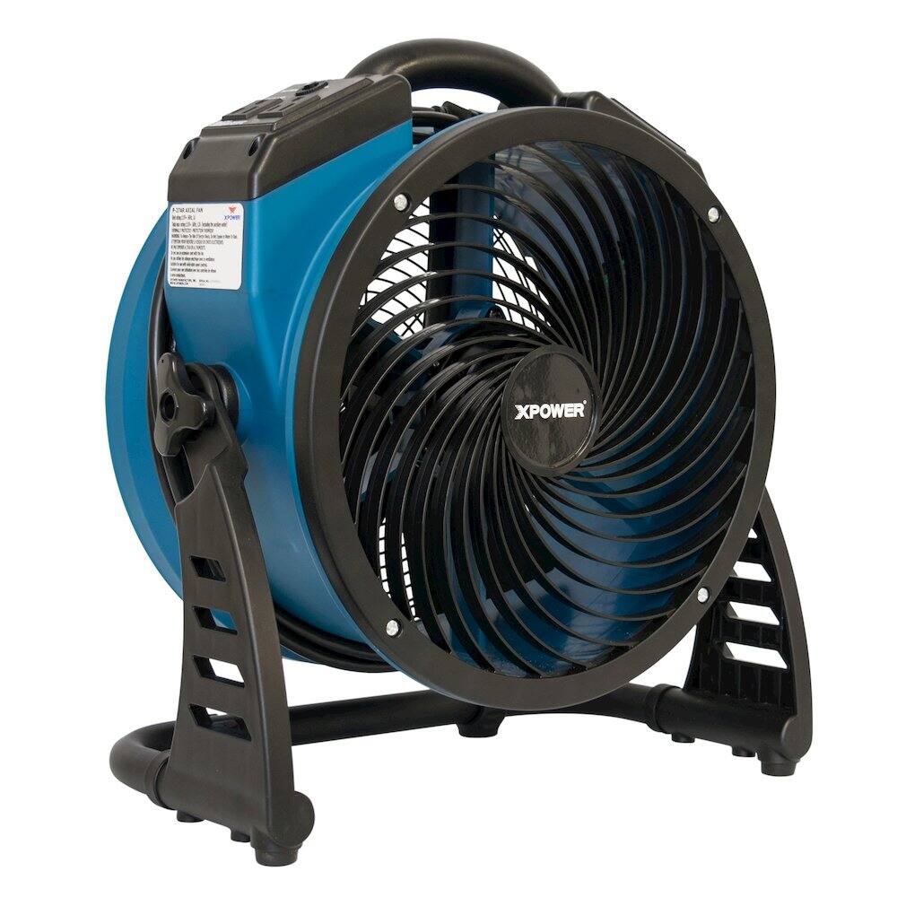 Left. XPOWER - 4 Speed 13" Ventilation Axial Air Mover, Blower, Fan with Built-in Power Outlets - Blue.