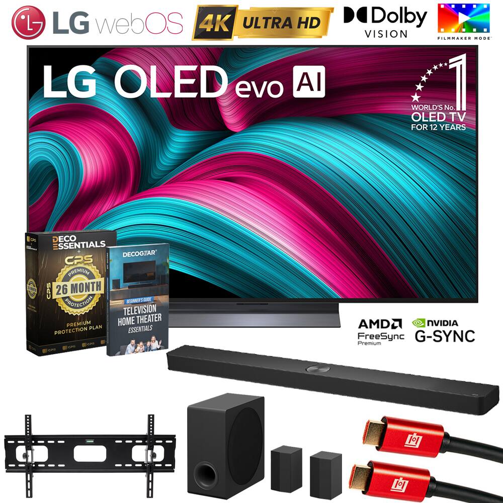 - LG webOS 4K ULTRA HD LG OLED evo AI
- Dolby VISION FILMMAKER MODE
- WORLD'S No. 1 OLED TV FOR 12 YEARS
- O GAN D ECO
- SSENTIALS DECOGEAR CPS
- PREMIUM CPS
- 26 MONTH PROTECTION
- RONITS SEE TELEVISION PREMIUM HOME THEATER PLAN ESSENTIALS PROTECTION
- AMD2 NVIDIA FreeSync G-SYNC Premium