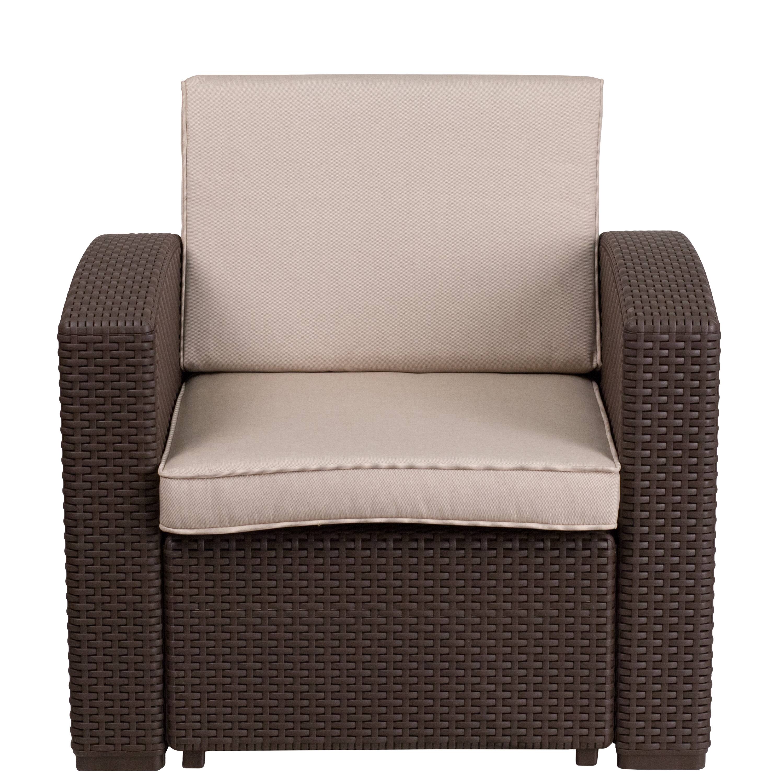 Alt View 7. Emma + Oliver - Faux Rattan Chair with All-Weather Cushion - Beige Cushions/Chocolate Brown Frame.
