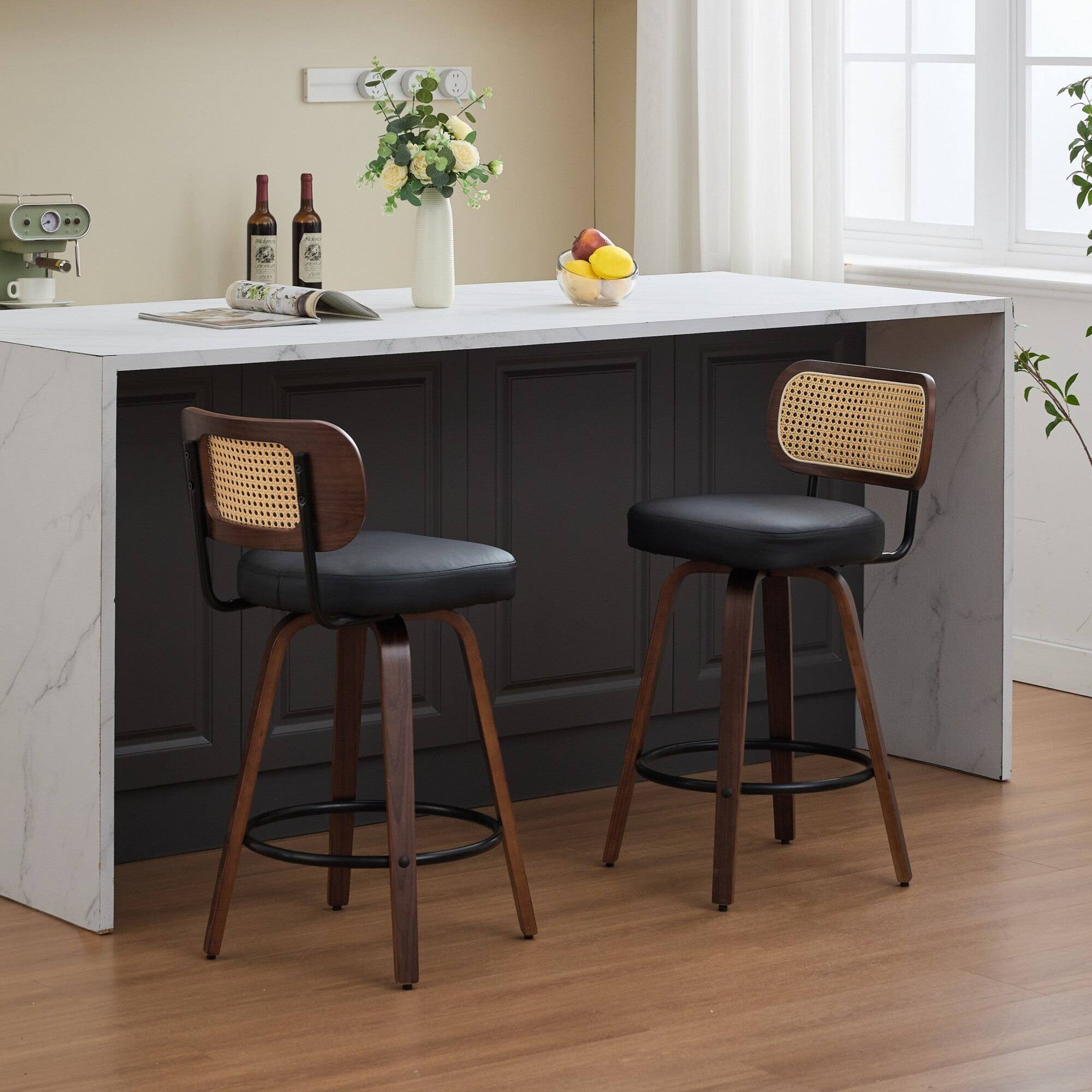 Angle. Boyel Living - 26 Inch Swivel Counter Height Bar Stools Set of 2 with Walnut Bentwood Legs - Black.