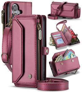 Dteck - Crossbody Wallet Case for Apple iPhone 16 Plus with Card Slots and Zipper Pocket, RFID Blocking PU Leather Cover - Winered
