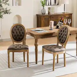 Loheer - French Style Dining Chair Set of 2 Tufted PU Leather Solid Wood Vintage Farmhouse Oval Back - Brown