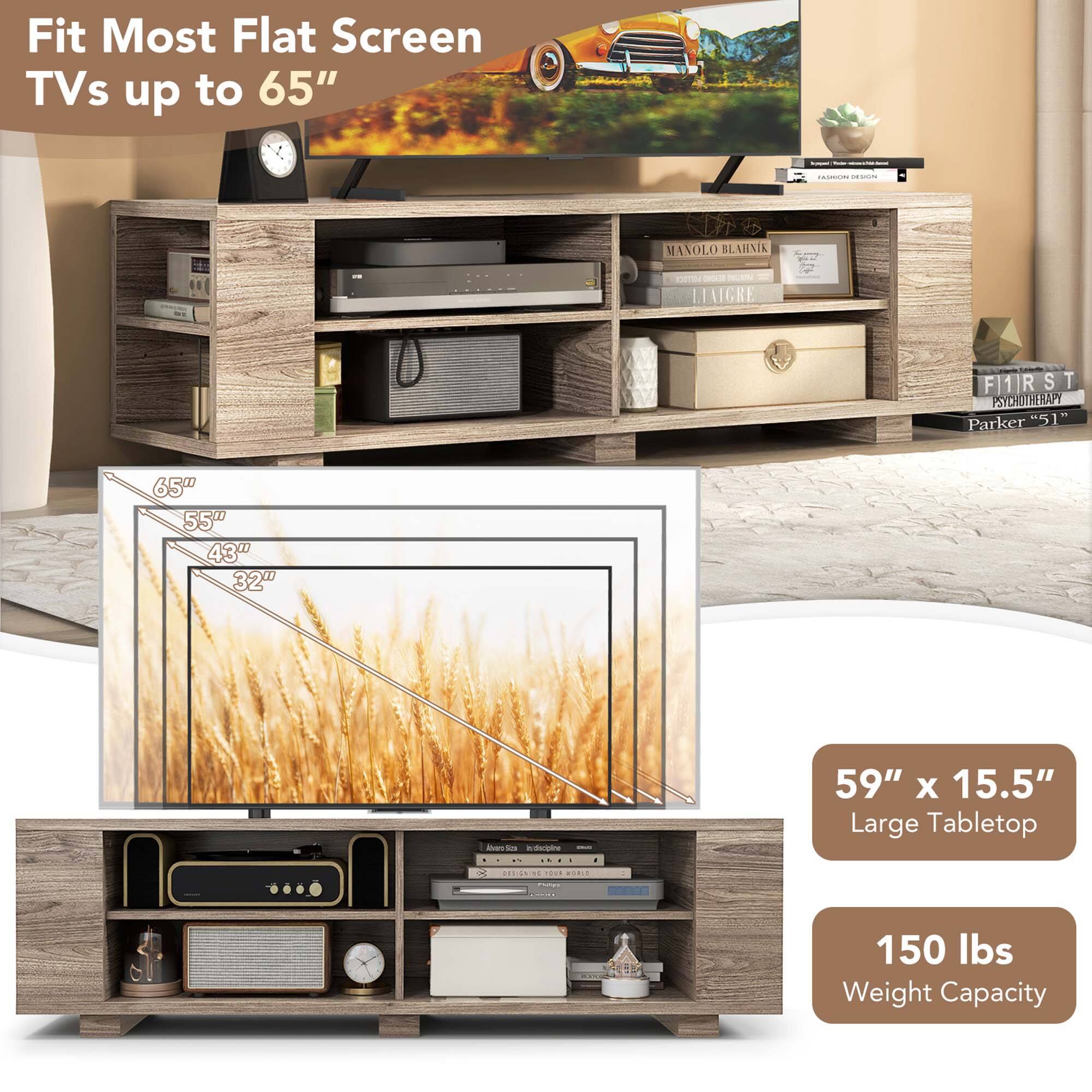 The text on the image is grouped and corrected as follows:

"Fit Most Flat Screen TVs up to 65" - Large Tabletop - 59" x 15.5" - 59L - 150 lbs Weight Capacity."