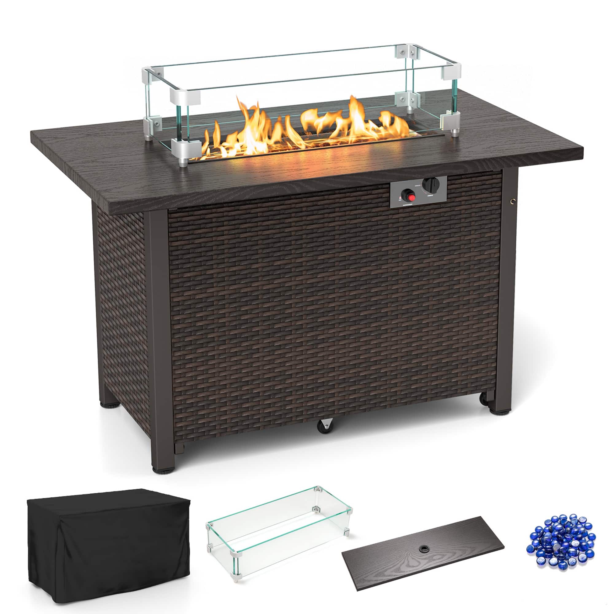 Gymax - 42 Inch Patio Rattan Propane Fire Pit Propane Gas Fire Pit Table w/ Wind Guard - Brown