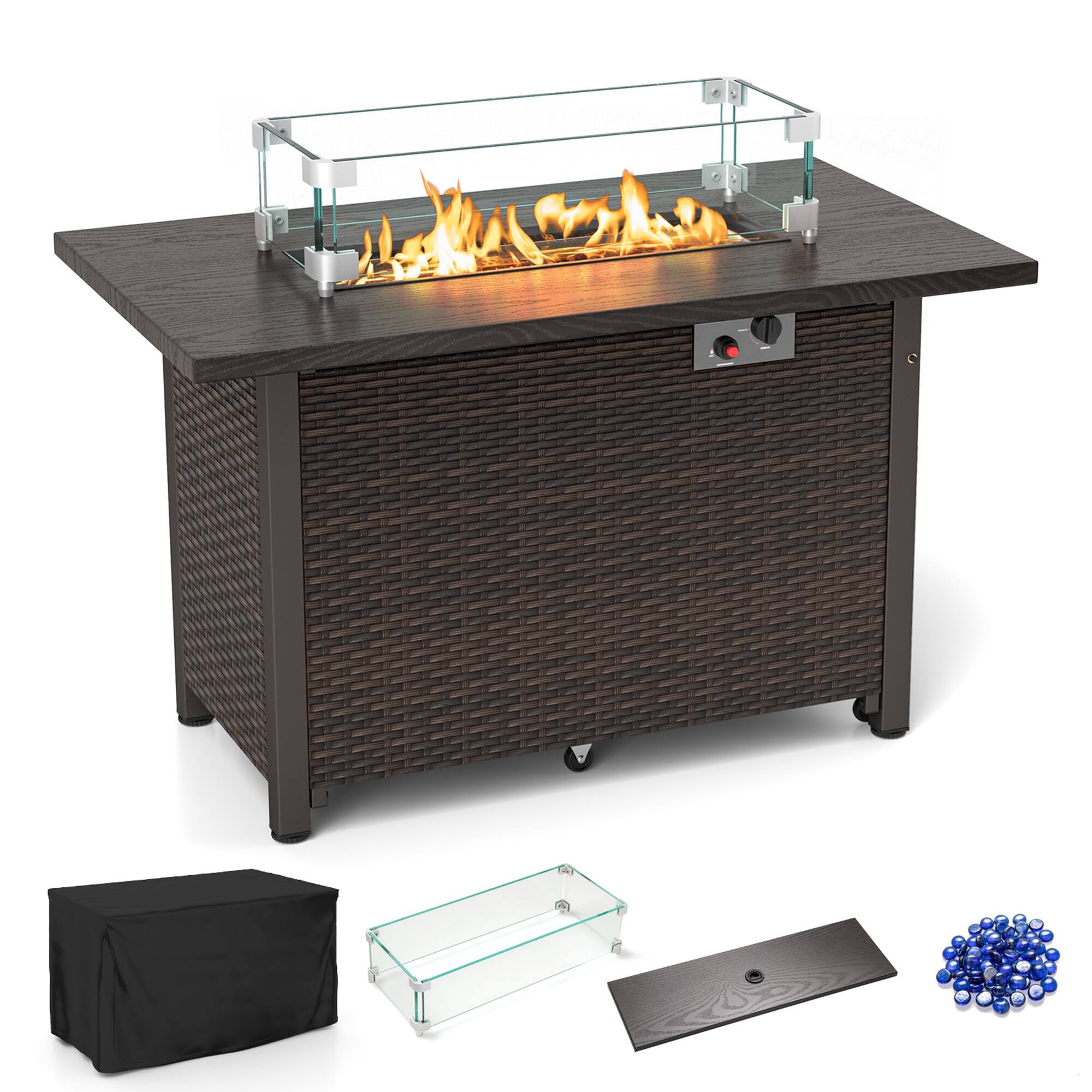 Front. Gymax - Gymax 42 Inch Patio Rattan Propane Fire Pit Propane Gas Fire Pit Table w/ Wind Guard Brown - Brown.