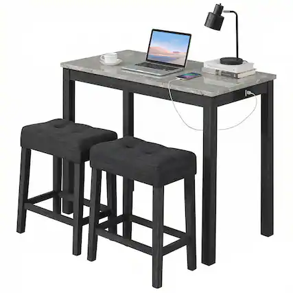 Front. Gymax - Gymax 3 PCS Bar Table Set w/ Charging Station Modern Counter Height Breakfast Table Gray - Gray.