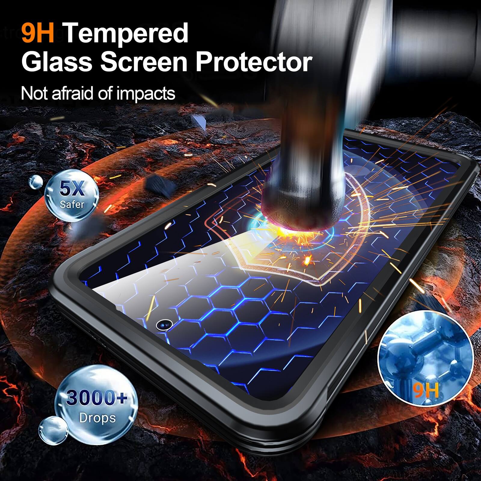 9H Tempered Glass Screen Protector  
Not afraid of impacts  
5X Safer  
3000+ Drops  
9H