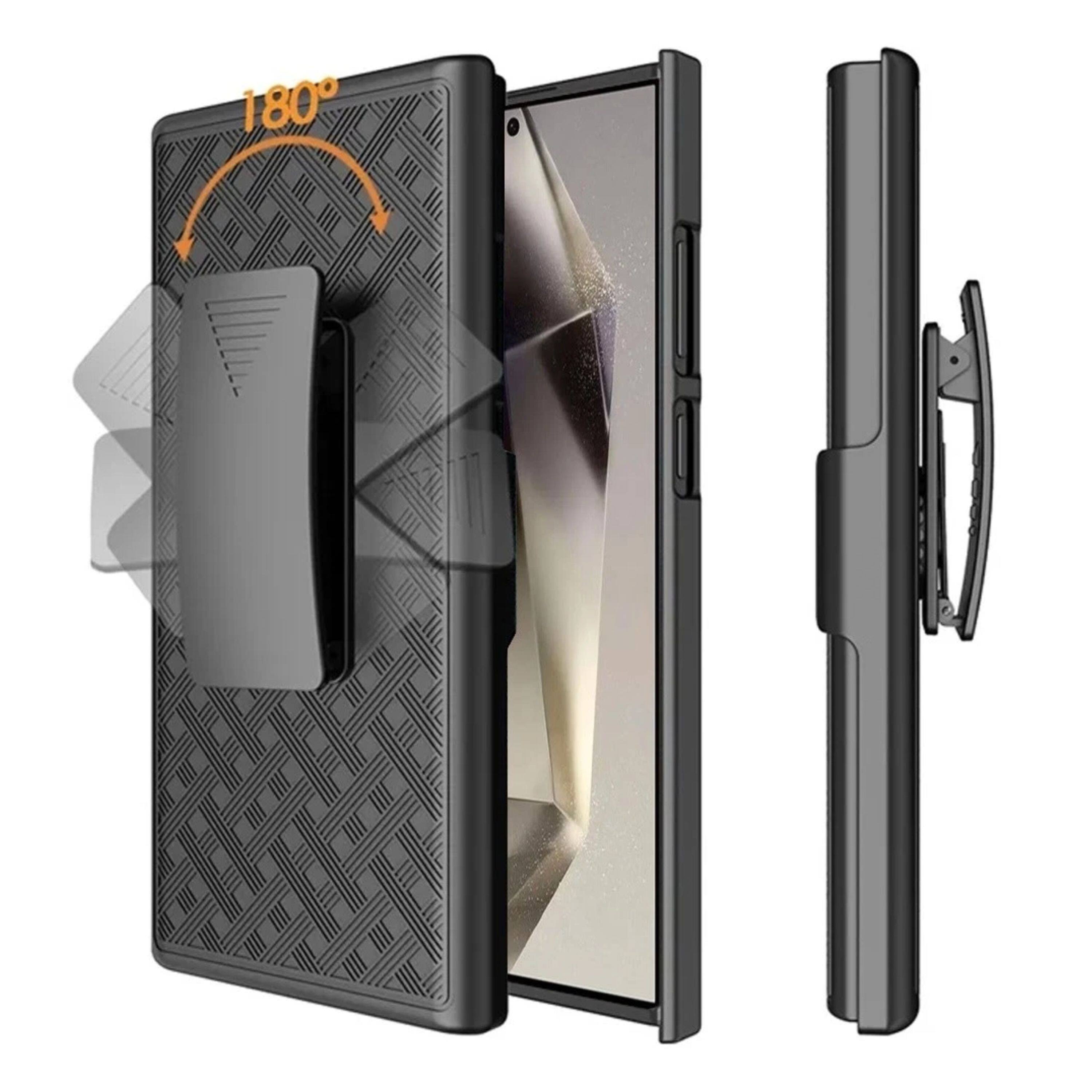 Left. Kitcheniva - 3in1 Belt-Clip Holster Stand Phone Case With Tempered Glass For Samsung Galaxy S25 Ultra - Black.