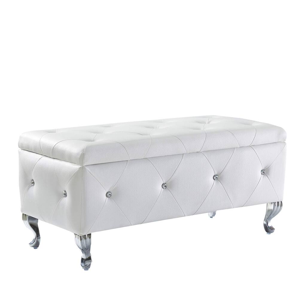 Left. Ropilly - Ropilly White Faux Leather Storage Bench End of Bed Ottoman Tufted Entryway Shoe Changing Bench with Metal Legs - White.