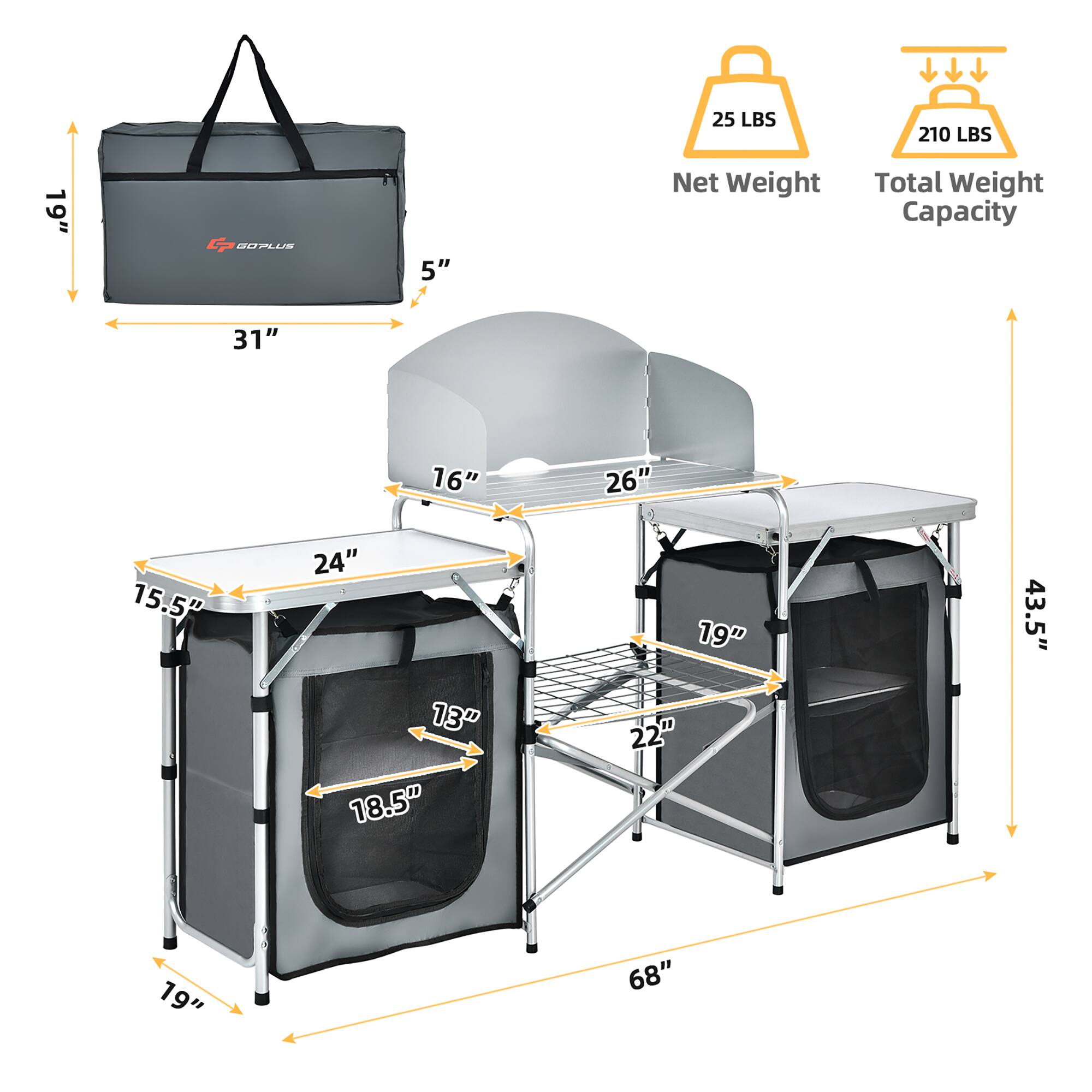 The image features a luggage bag, a suitcase, and a bag with a net weight capacity of 25 lbs. The suitcase has a total weight capacity of 210 lbs, and it is 19 inches in size. The bag is 31 inches in size, and the suitcase is 16 inches in size. The suitcase also has a 26-inch size, and the bag is 15.5 inches in size. The suitcase is 24 inches in size, and the bag is 13 inches in size. The suitcase is 18.5 inches in size, and the bag is 19 inches in size. The suitcase is 22 inches in size, and the bag is 43.5 inches in size. The suitcase is 19 inches in size, and the bag is 68 inches in size.