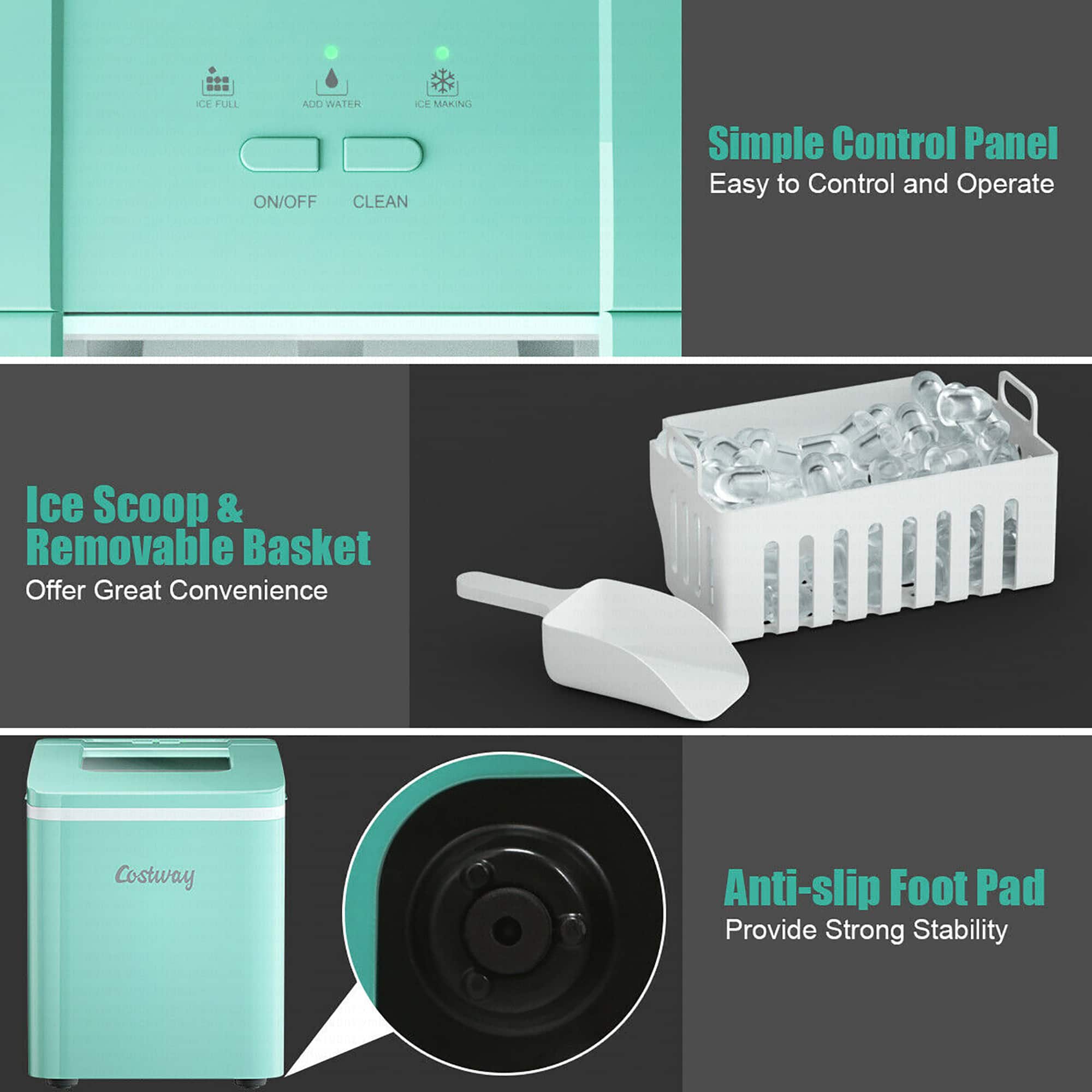 The text on the image can be grouped and corrected as follows:
1. Ice Full Auto CIO Water Ice Making: On/Off Clean Simple Control Panel Easy to Control and Operate
2. Ice Scoop & Removable Basket: Offer Great Convenience
3. Costway Anti-slip Foot Pad: Provide Strong Stability
