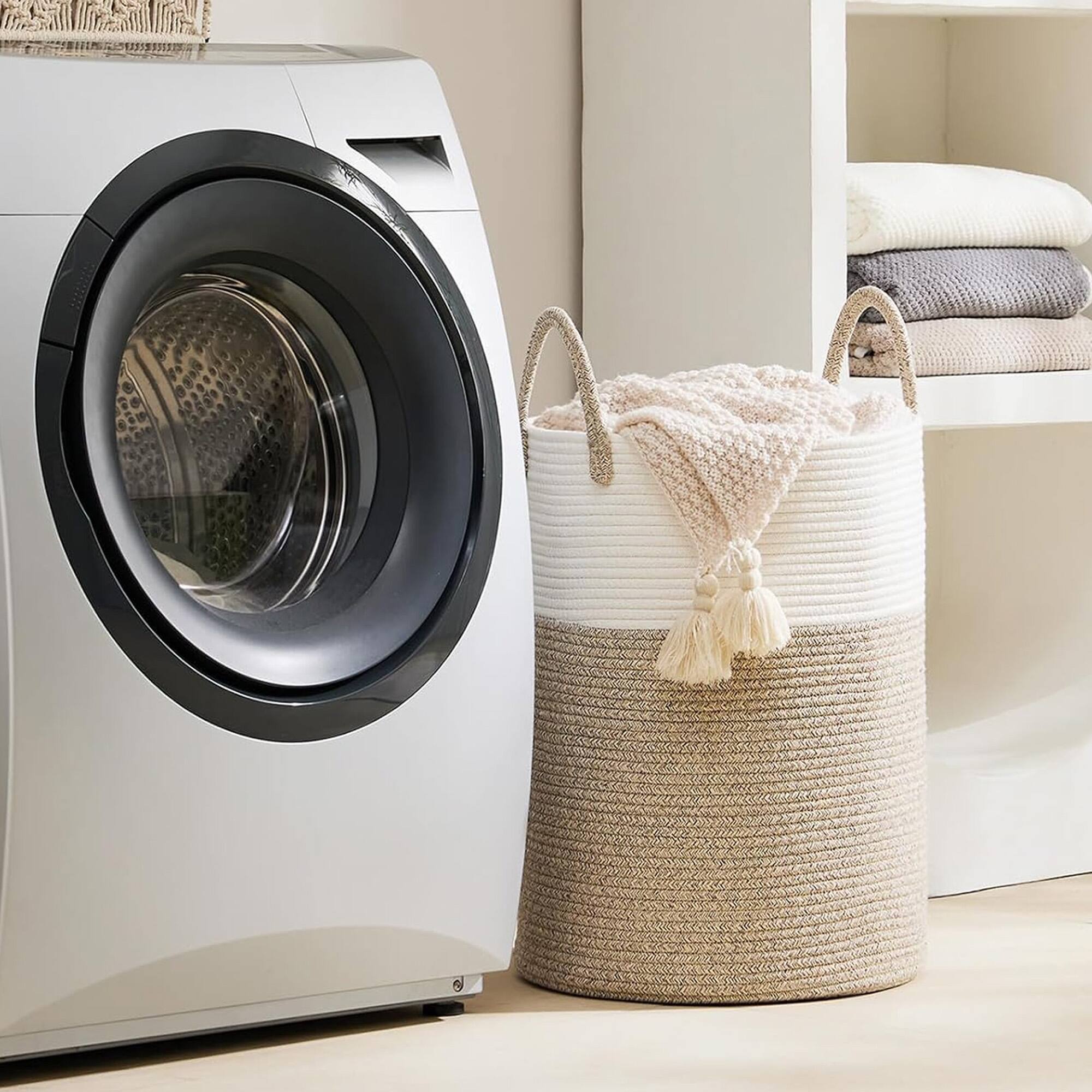 Alt View 3. Cheer Collection - Woven Cotton Rope Laundry Hamper – Large 16 x 16 x 22 in Storage Basket with Reinforced Handles - 2 Tone Tan - 2-Tone Tan.