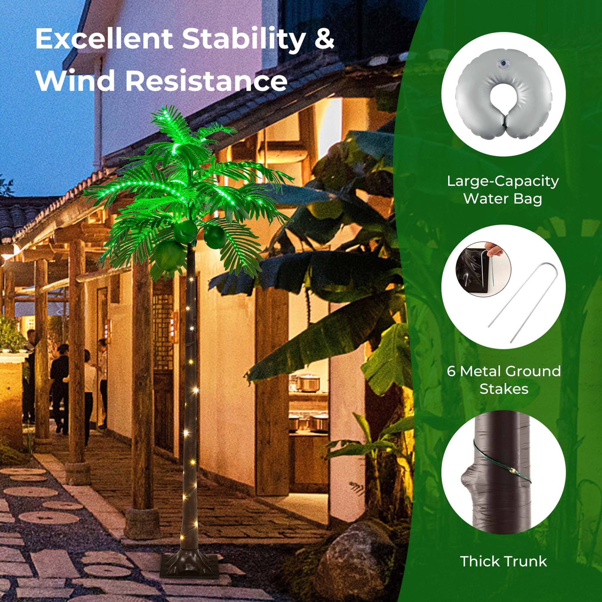 The text on the image is grouped and corrected as follows:

Excellent Stability & Wind Resistance
Large-Capacity Water Bag
6 Metal Ground Stakes
Thick Trunk