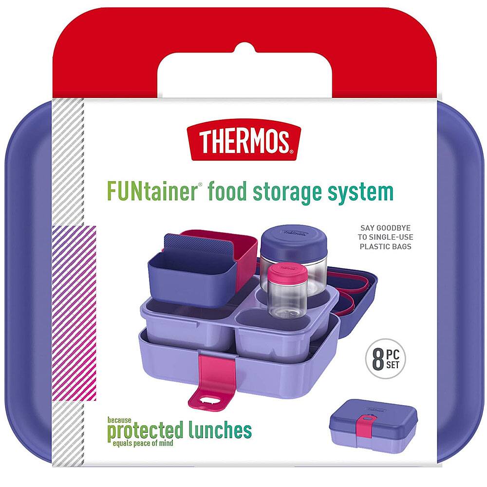 THERMOS  
FUNtainer food storage system  
SAY GOODBYE TO SINGLE-USE PLASTIC BAGS  
8 PC SET  
because protected lunches equals peace of mind