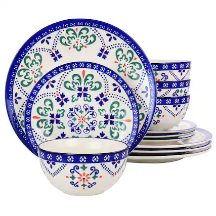 Front. Laurie Gates - Laurie Gates California Designs Tierra Star 12 Piece Hand Painted Dinnerware Set in Blue - White/Blue/Green/Red.