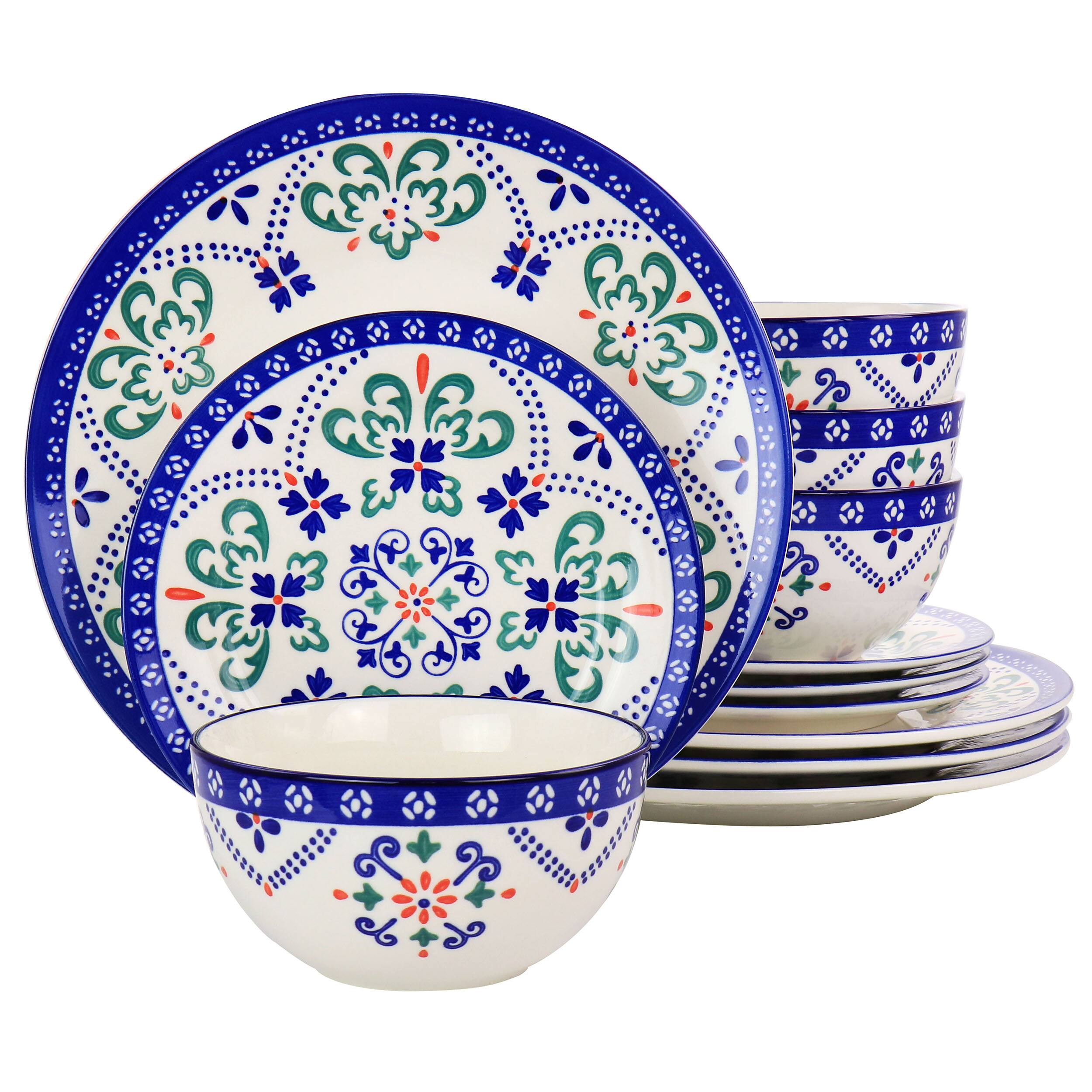 Front. Laurie Gates - Laurie Gates California Designs Tierra Star 12 Piece Hand Painted Dinnerware Set in Blue - White/Blue/Green/Red.