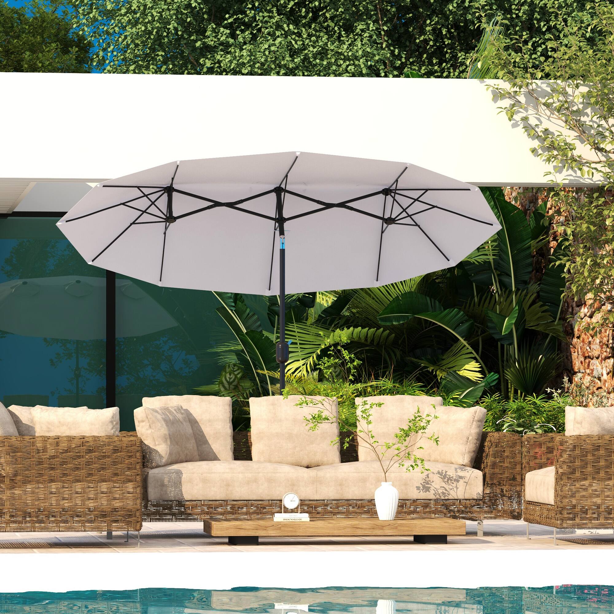 Angle. Outsunny - Double Sided Patio Umbrella, 9.5' Large Outdoor Market Umbrella with Push Button Tilt and Crank, 3 Air Vents - Cream.