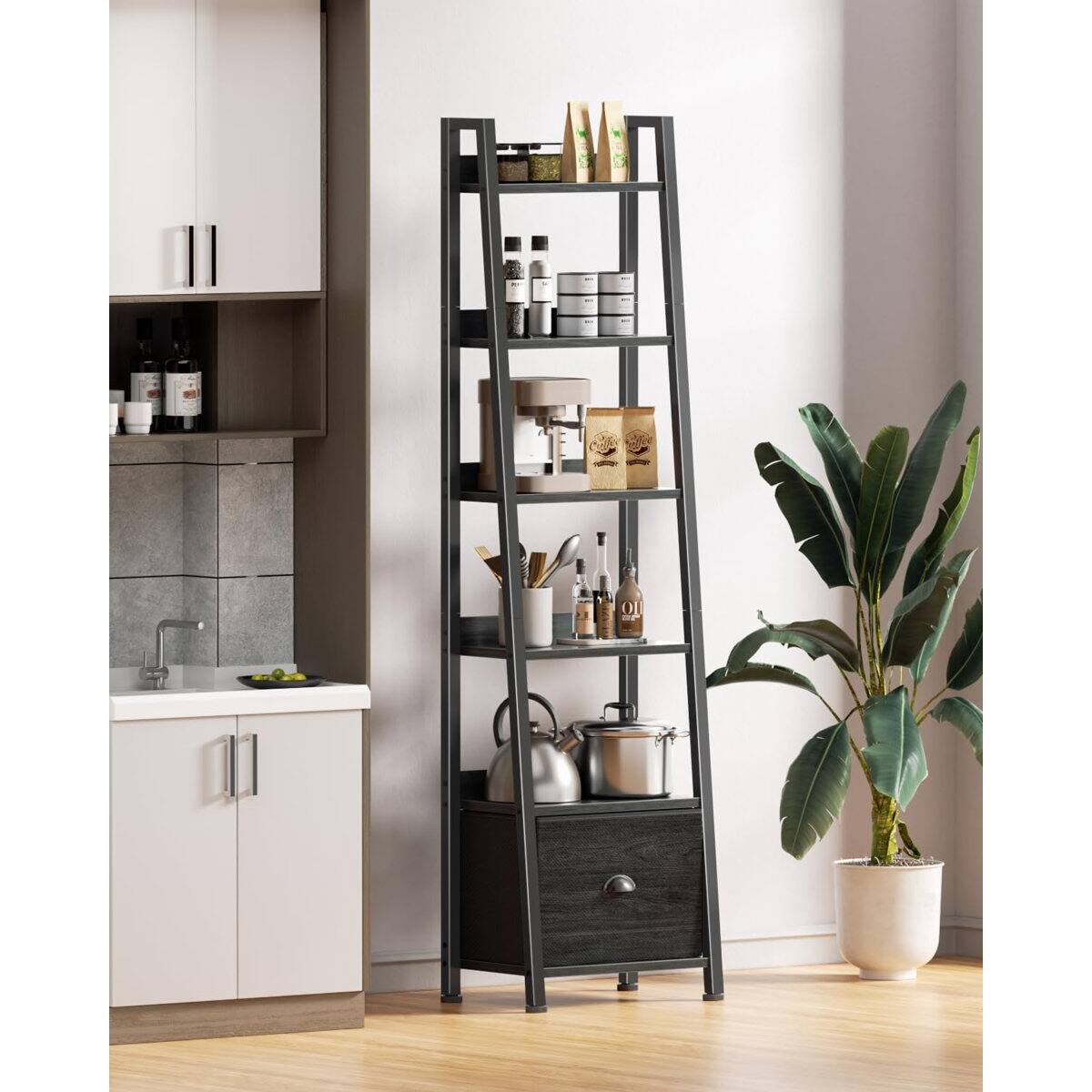 Alt View 1. Furnulem - 5 Tier Ladder Shelf with Storage Drawers Wooden Metal Frame Freestanding Bookcase for Living Room - Black.
