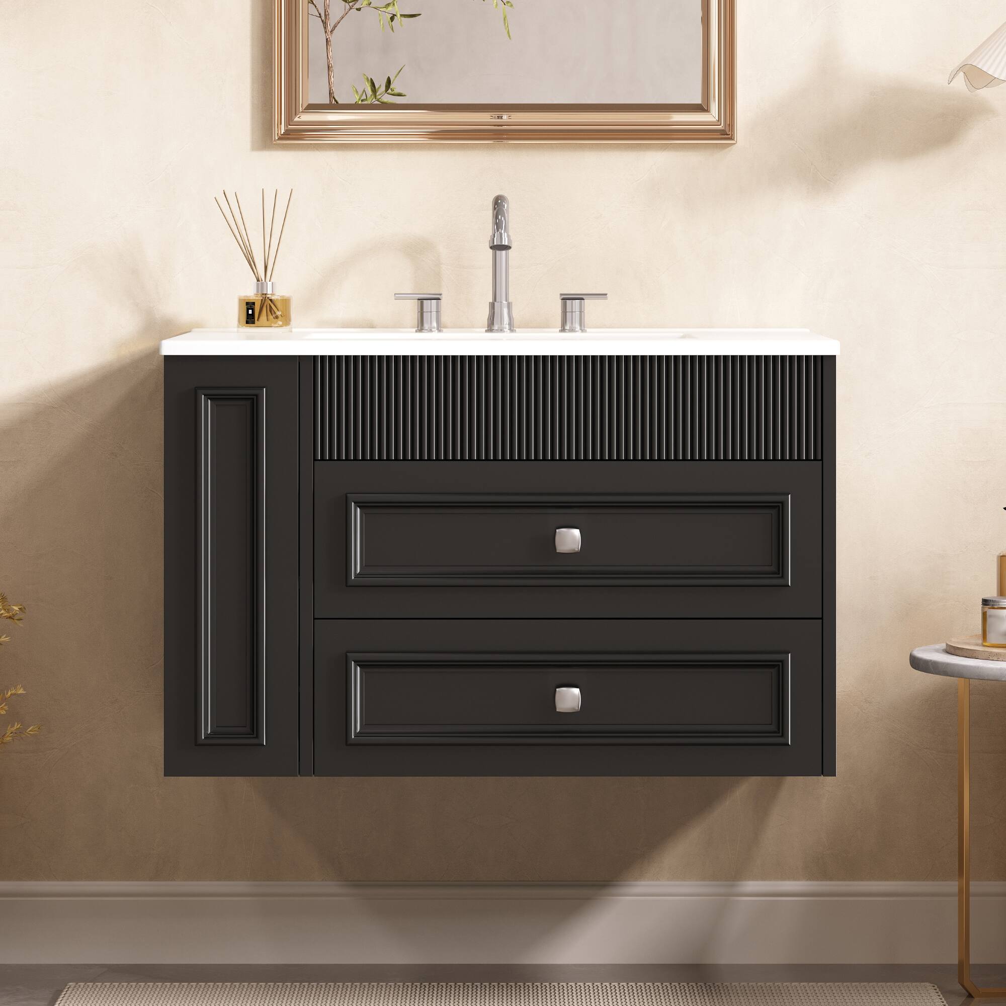 Alt View 9. Glintex - 30" Wall Mounted Bathroom Vanity with Sink, Floating Storage Cabinet, 2 Drawers, 3-Hole Single Ceramic Basin - Black.