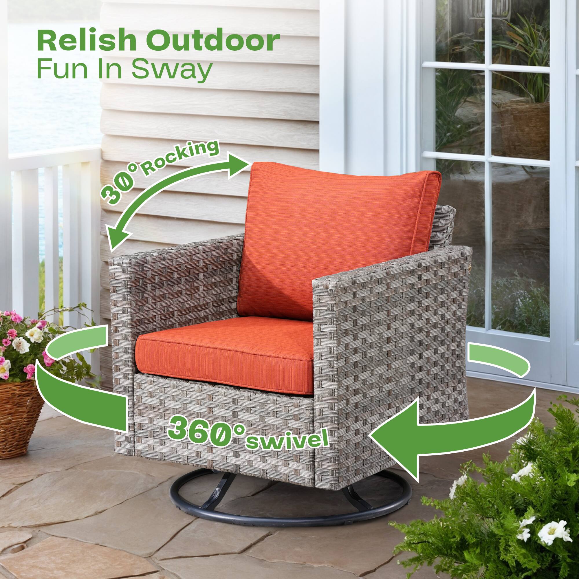 Relish Outdoor Fun In Sway

30° Rocking

360° Swivel