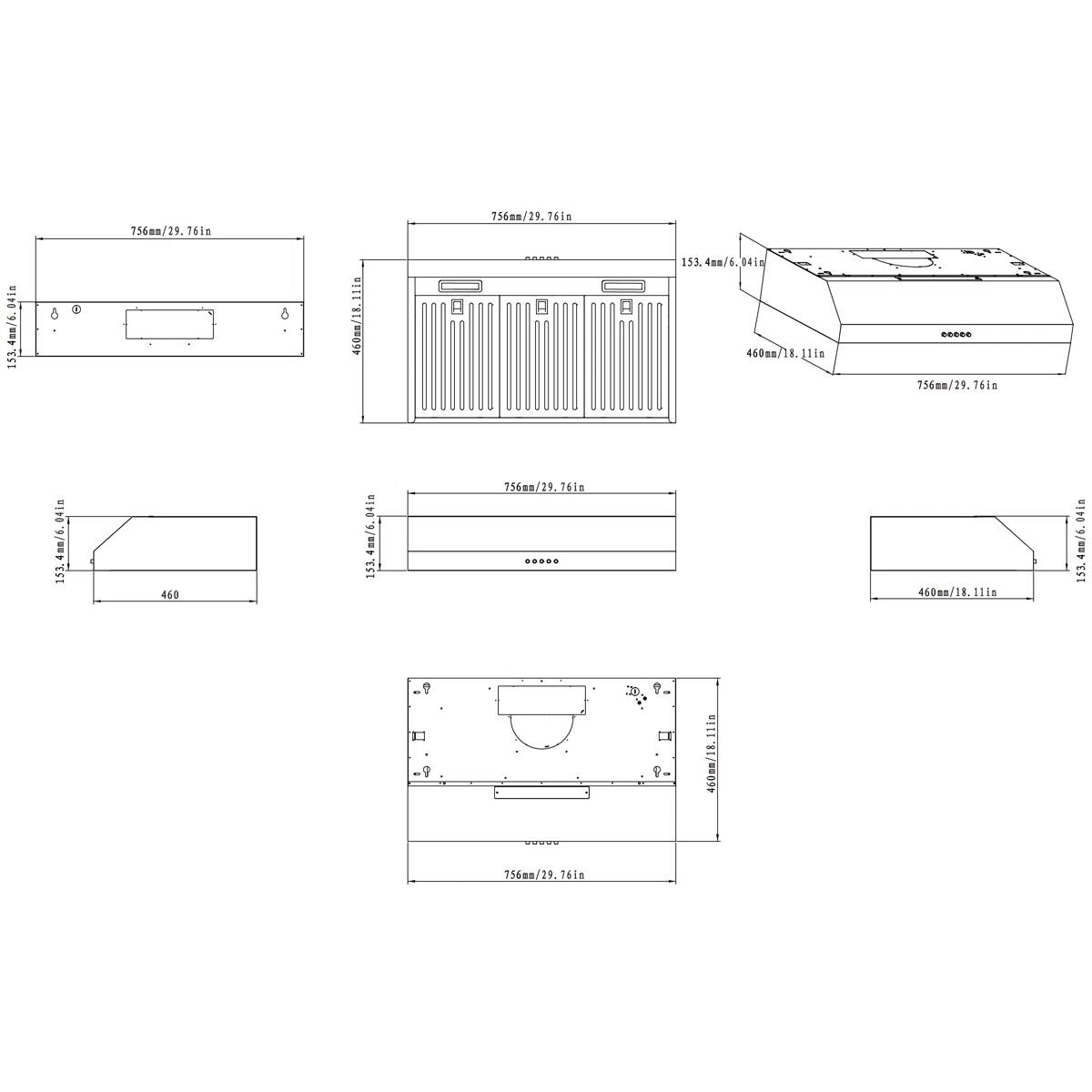 756mm/29.76in, 153.4mm/6.04in, 460mm/18.11in, 756mm/29.76in, 153.4mm/6.04in, 460mm/18.11in, 756mm/29.76in, 460mm/18.11in, 756mm/29.76in