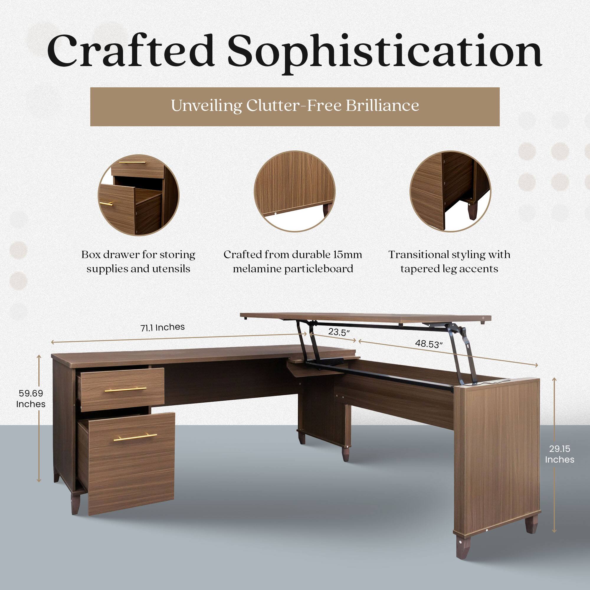 Crafted Sophistication  
Unveiling Clutter-Free Brilliance  

Box drawer for storing supplies and utensils  
Crafted from durable 15mm melamine particleboard  
Transitional styling with tapered leg accents  

71.1 Inches  
23.5"  
48.53"  
59.69 Inches  
29.15 Inches