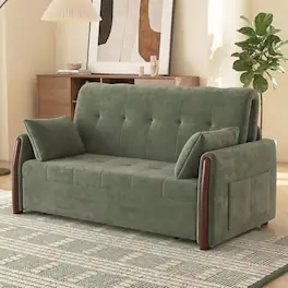 luck idea - Pull‑Out Sleeper Sofa, 63‑inch Dark Convertible Sofa Bed with Storage, Side Pockets & 2 Throw Pillows - Green