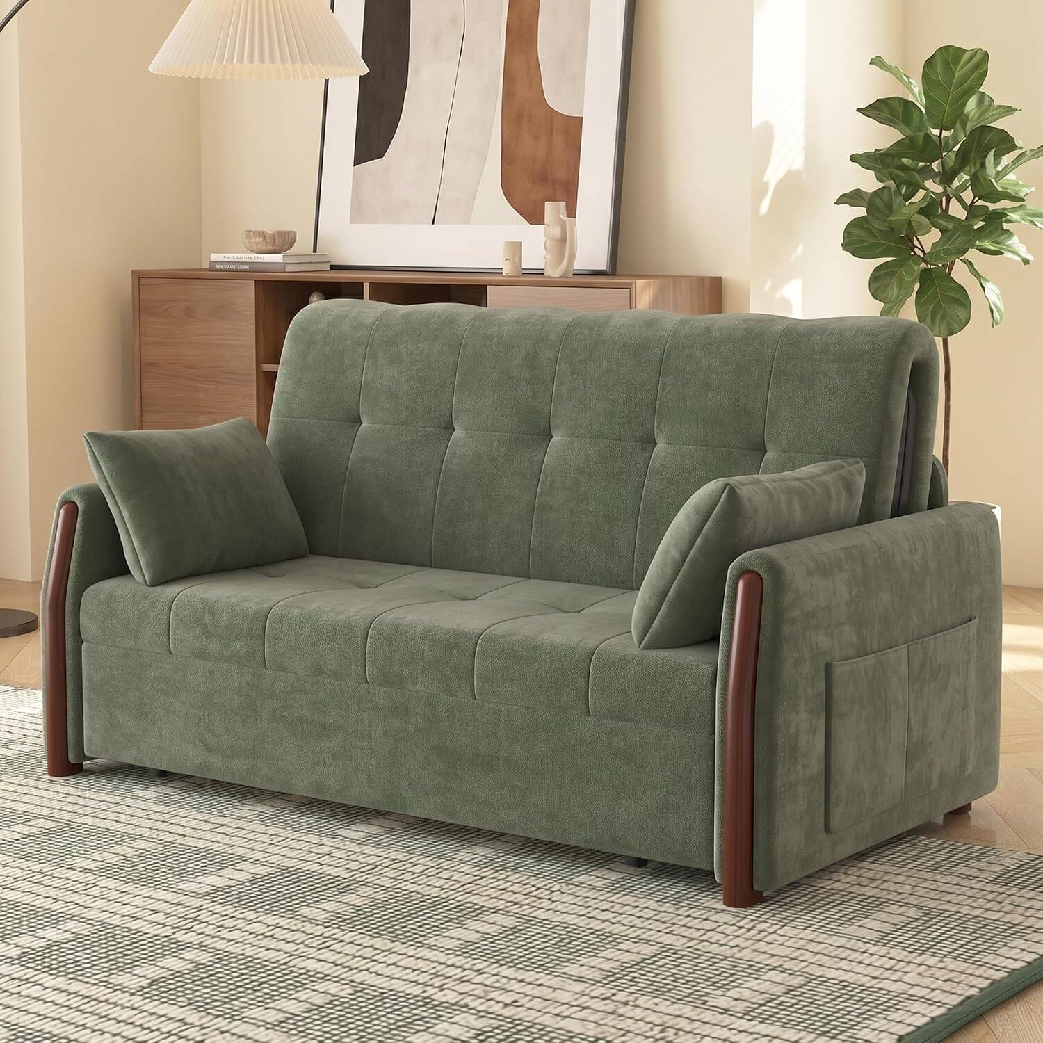 Front. luck idea - Pull‑Out Sleeper Sofa, 63‑inch Dark Green Convertible Sofa Bed with Storage, Side Pockets & 2 Throw Pillows - green.