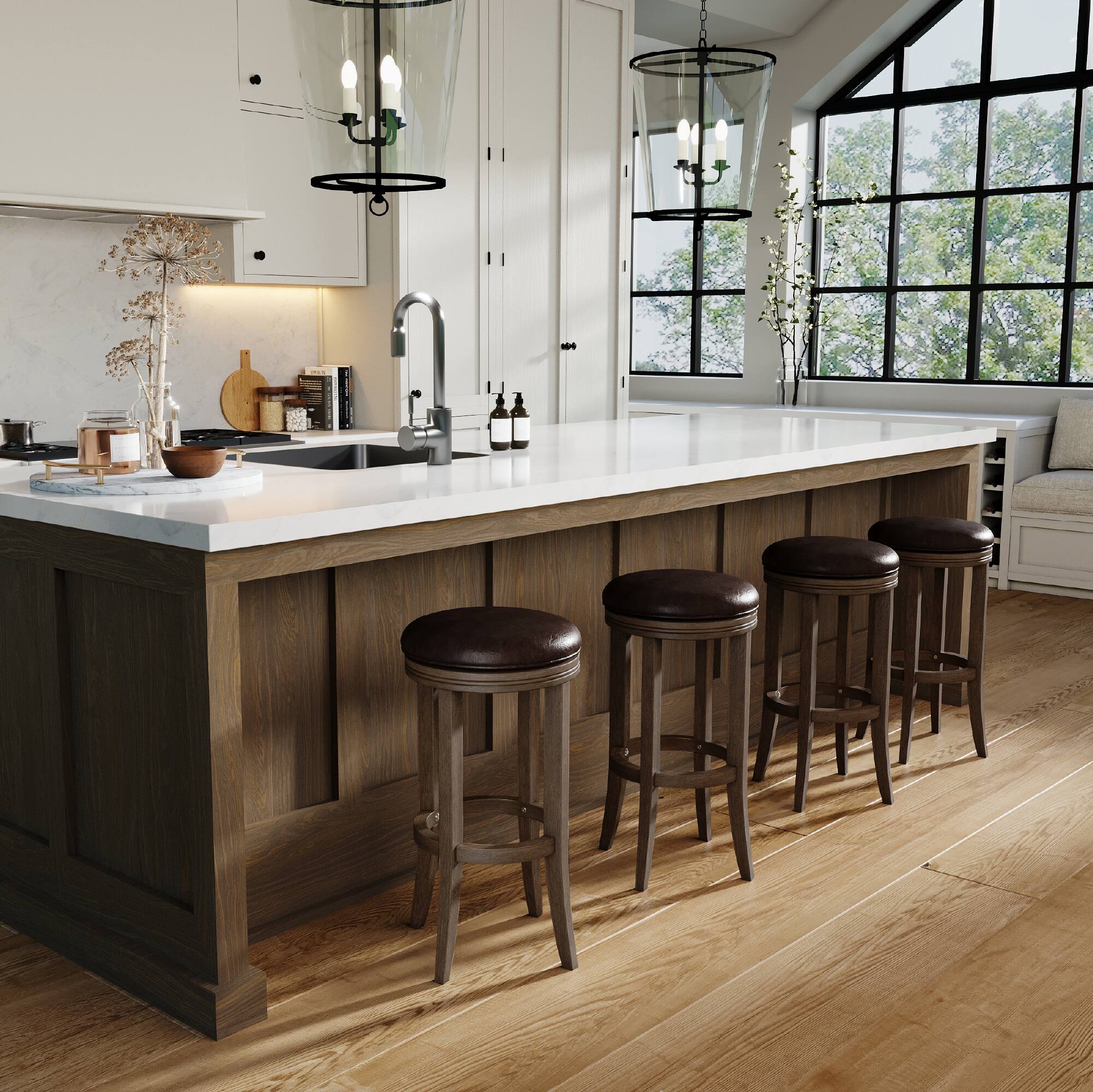 Left. Maven Lane - 31' Eva Bar Stool in Walnut Finish with  Vegan Leather - Walnut.