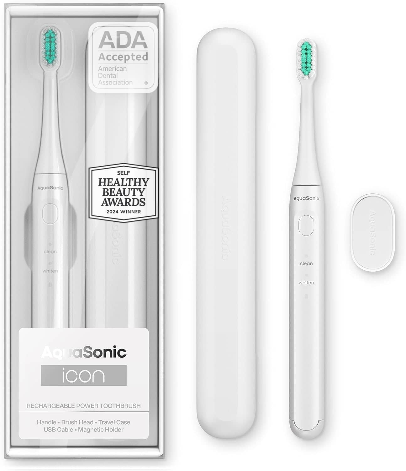 AquaSonic - Icon ADA-Accepted Rechargeable Toothbrush- Magnetic Holder & Slim Travel Case - 2 Brushing Modes & Smart Timers - White - Front_Zoom