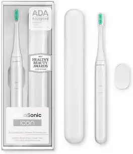 AquaSonic - Icon ADA-Accepted Rechargeable Toothbrush- Magnetic Holder & Slim Travel Case - 2 Brushing Modes & Smart Timers - White