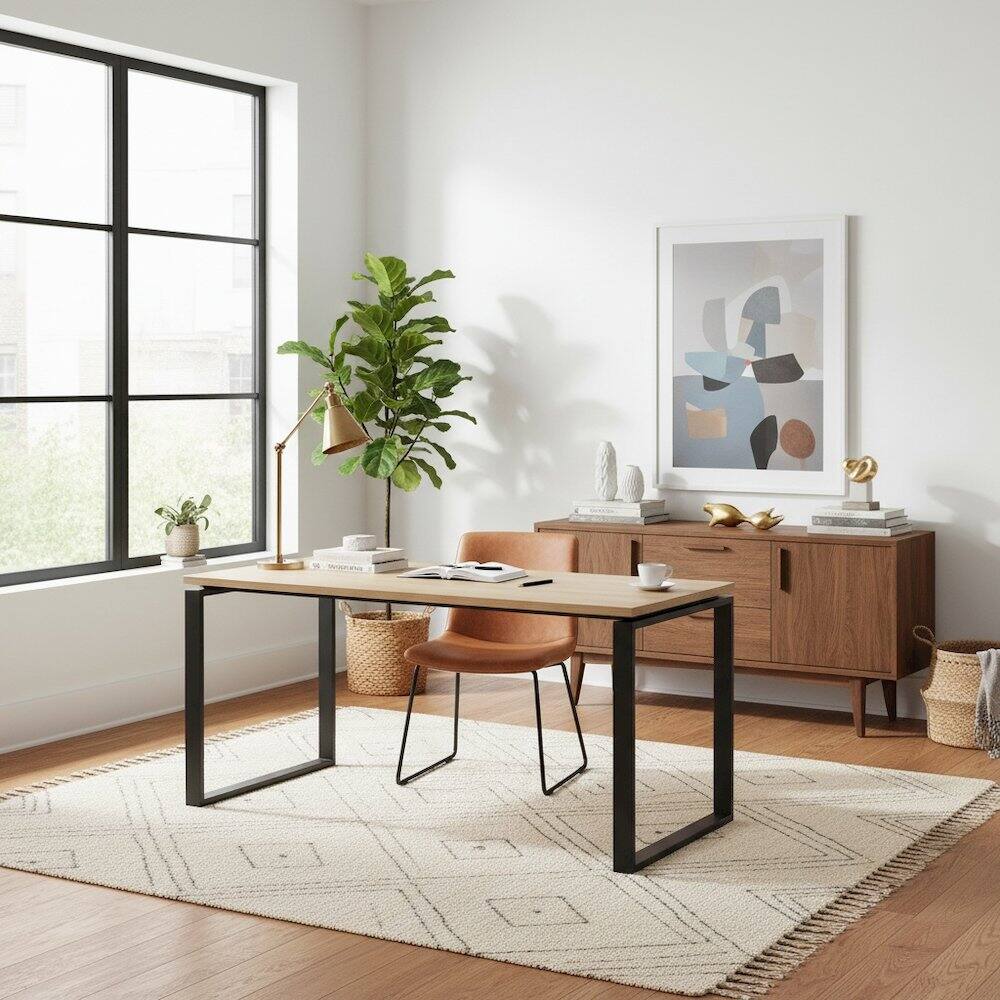 Left. FurniFact - Modern Computer Desk with Metal Legs for Home Office or Study - Brown.