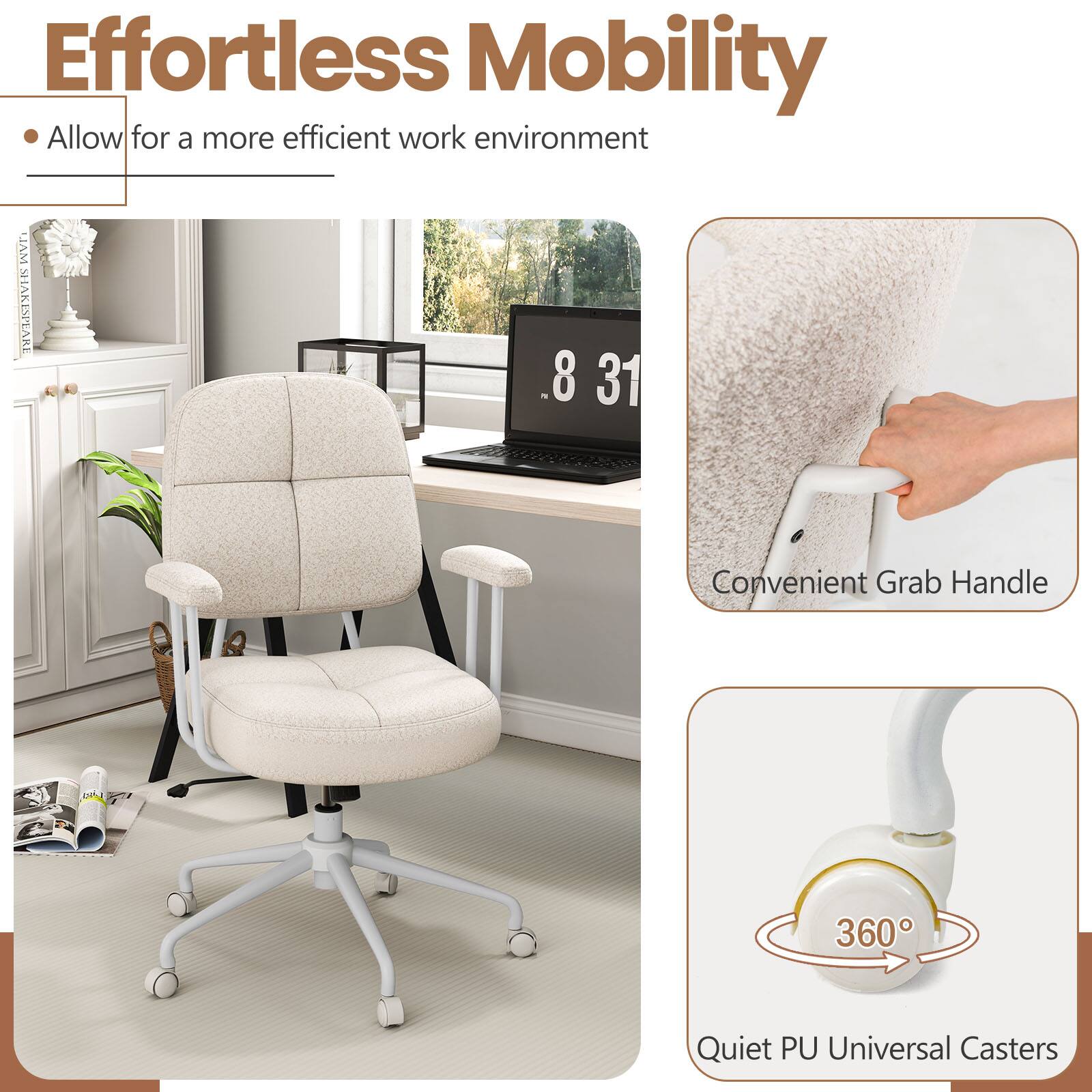 Effortless Mobility  
Allow for a more efficient work environment  

Convenient Grab Handle  

Quiet PU Universal Casters  
360°