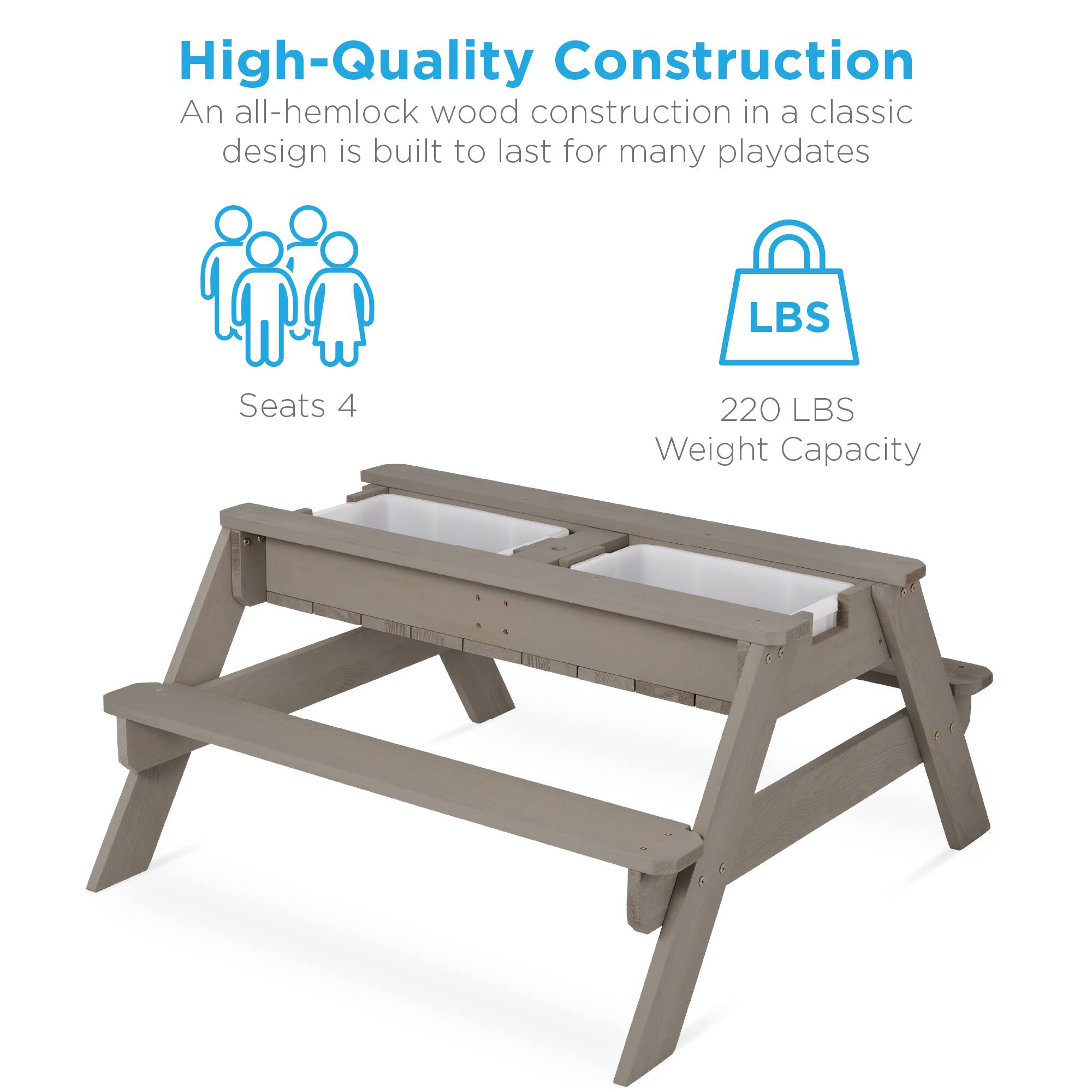 High-Quality Construction  
An all-hemlock wood construction in a classic design is built to last for many playdates  

Seats 4  

220 LBS Weight Capacity
