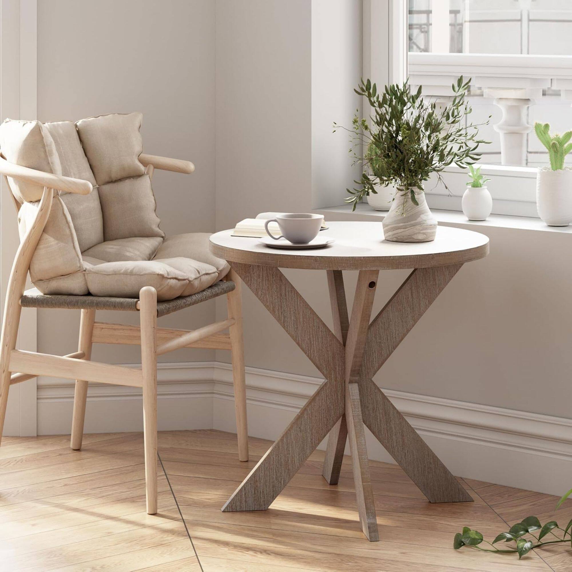 Alt View 5. COZAYH - COZAYH Farmhouse Round Wooden End Table with Cross Legs, Vintage Grey, Set of 2 - Vintage Grey.