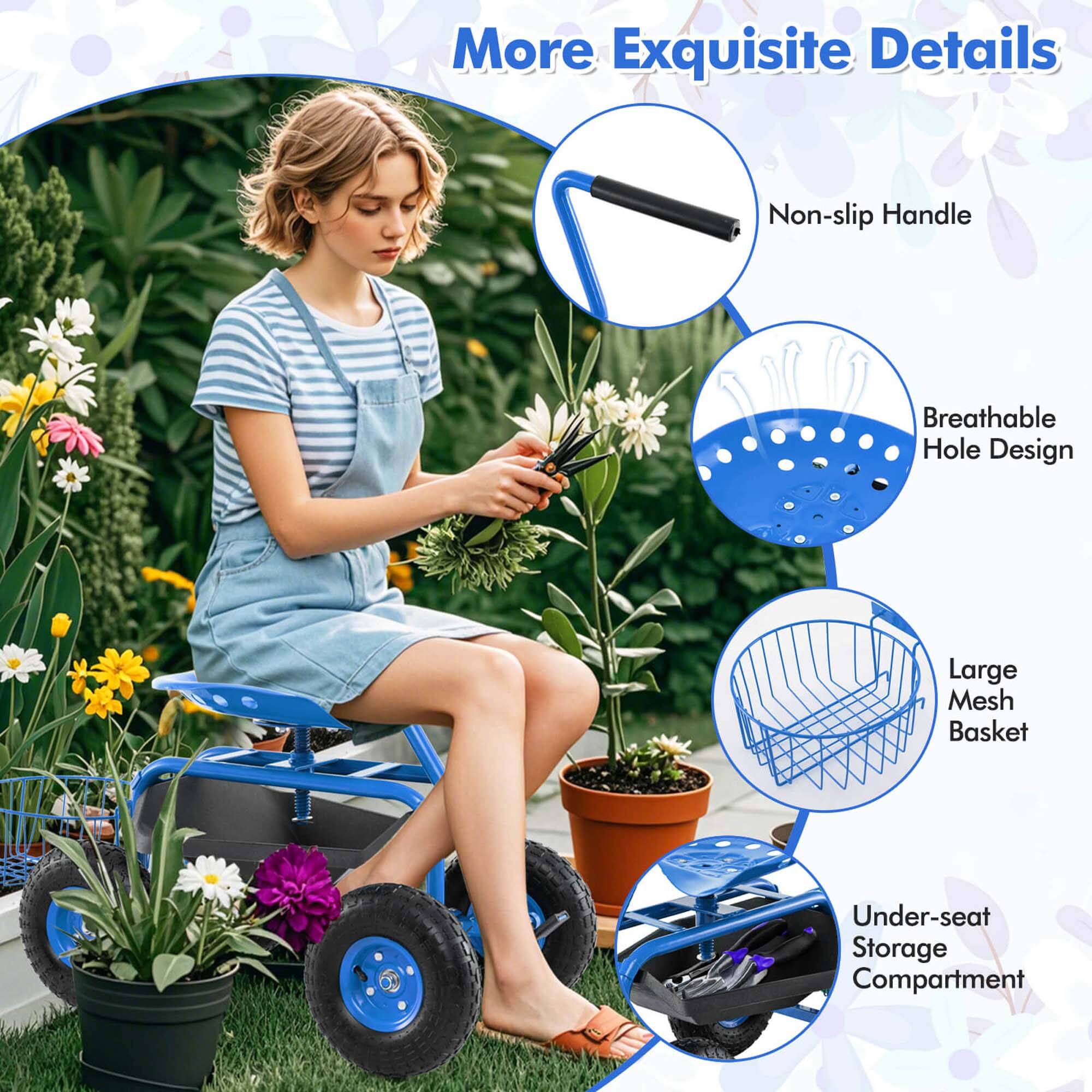 More Exquisite Details  
- Non-slip Handle  
- Breathable Hole Design  
- Large Mesh Basket  
- Under-seat Storage Compartment