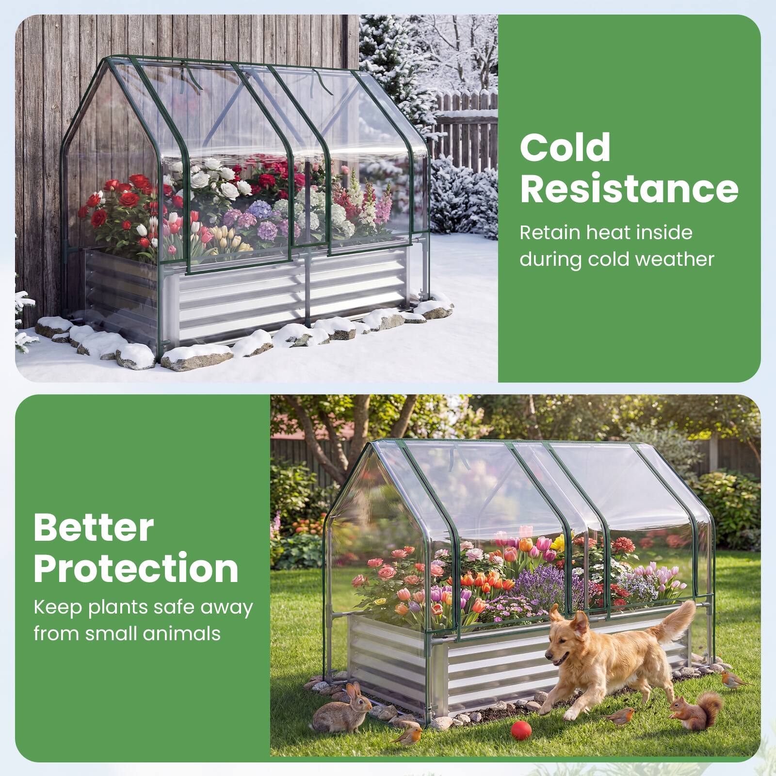 Cold Resistance  
Retain heat inside during cold weather  

Better Protection  
Keep plants safe away from small animals