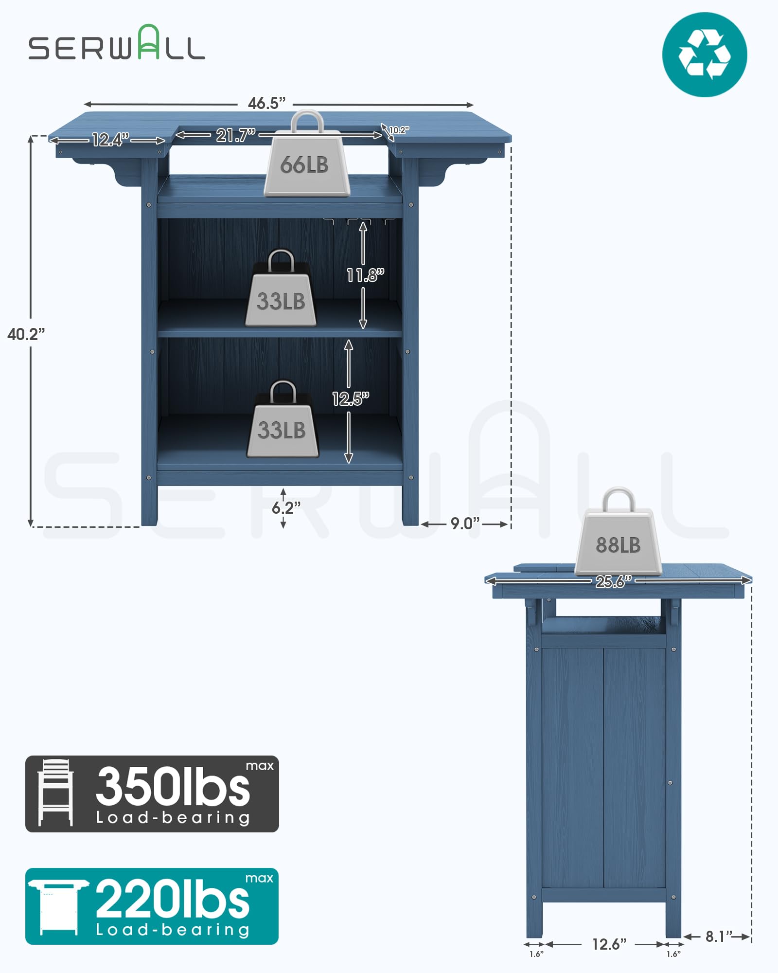 SERWALL

12.4"  
46.5" 21.7" 66LB  
102"  
33LB  
11.8"  
40.2" 12.5" 33LB  
6.2" 9.0" 88LB 25.6"  
max 350lbs Load-bearing  
max 220lbs Load-bearing  
1.6"  
12.6"  
8.1"