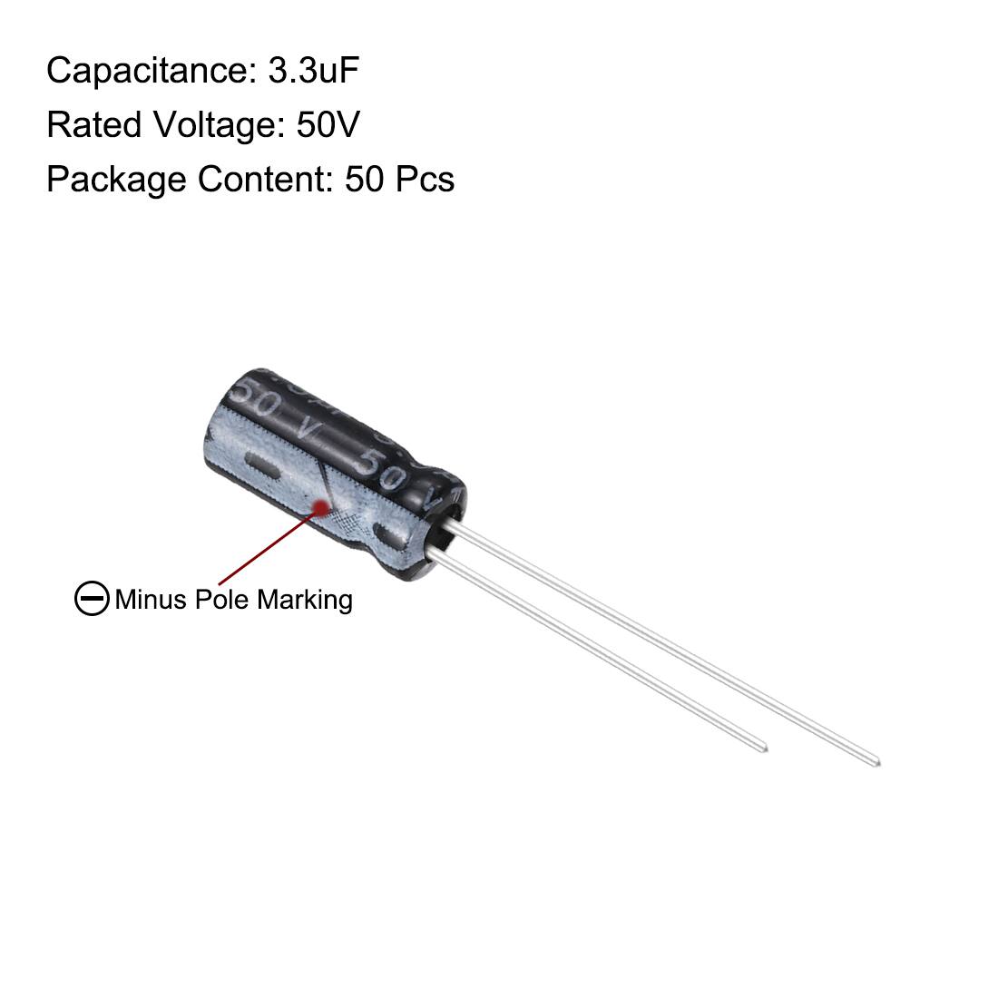 Capacitance: 3.3uF  
Rated Voltage: 50V  
Package Content: 50 Pcs  

5.0 V 50 V  

Minus Pole Marking