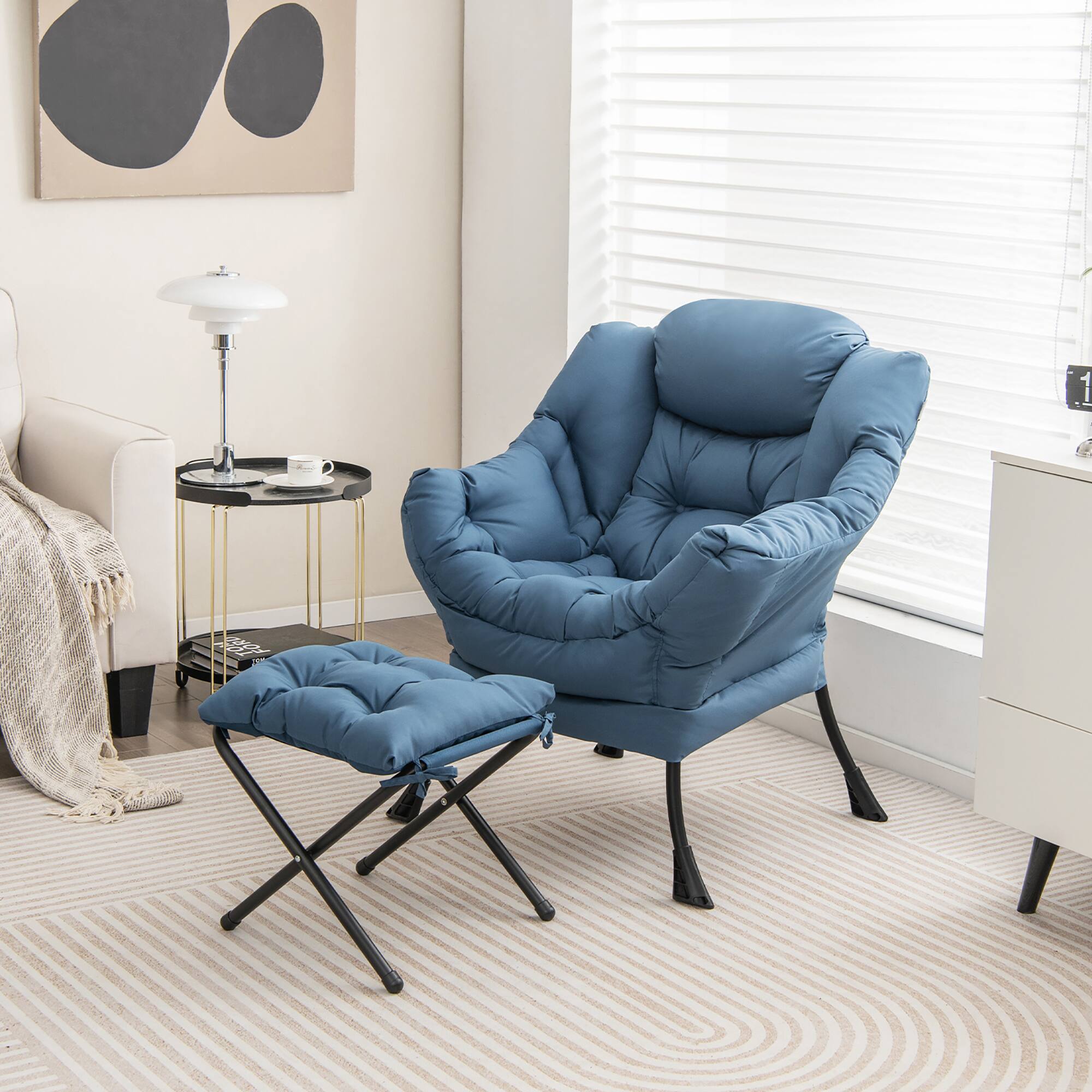 Alt View 1. Gymax - Gymax Lazy Sofa Chair Accent Leisure Armchair with Folding Footrest & Storage Pocket Blue - Blue.