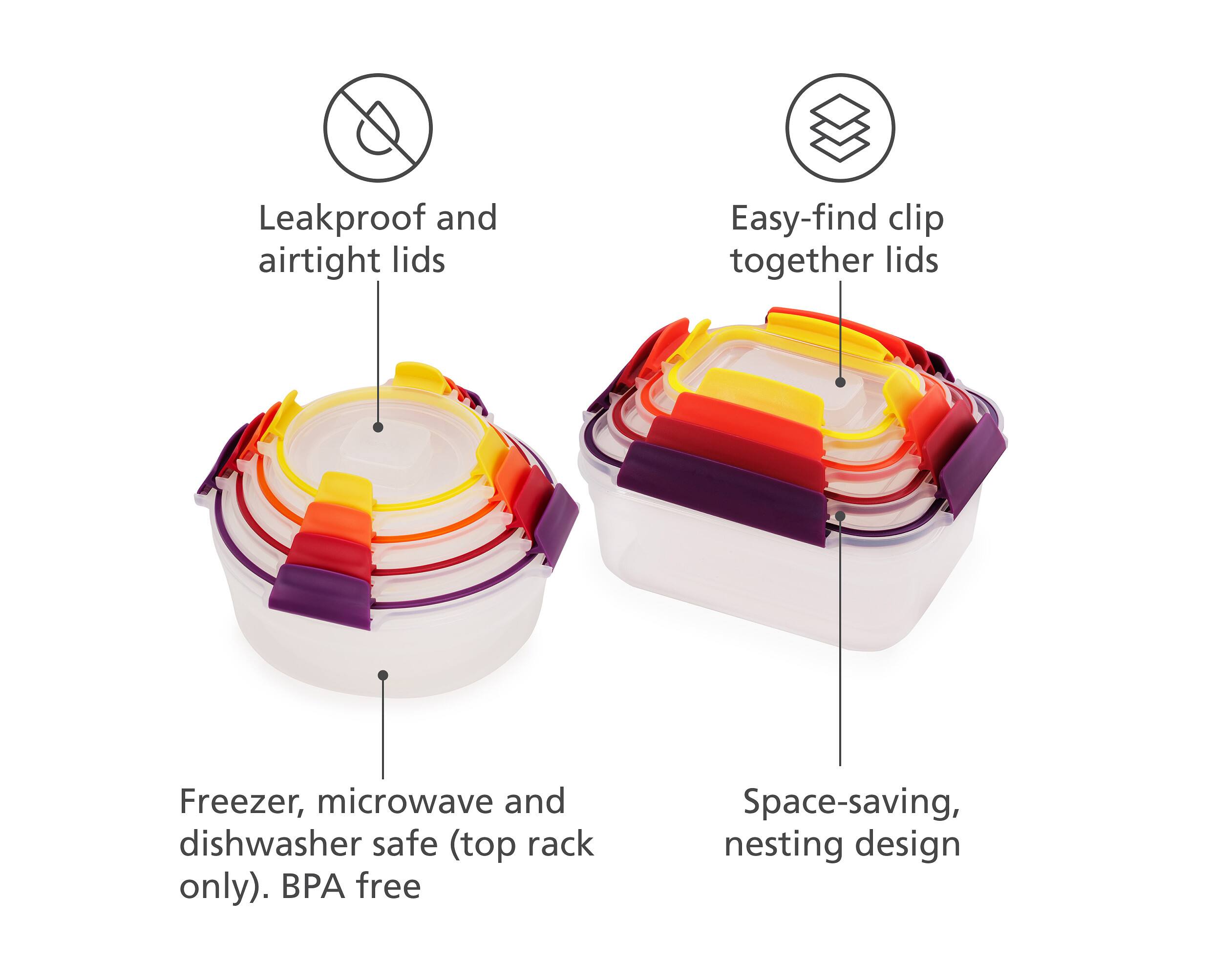 - Leakproof and airtight lids
- Easy-find clip together lids
- Freezer, microwave and dishwasher safe (top rack only). BPA free
- Space-saving, nesting design