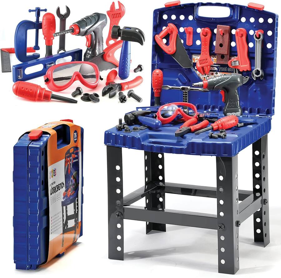 Play22 76 Pcs Kids Tool Bench Set, Foldable Toddler Tool Set with