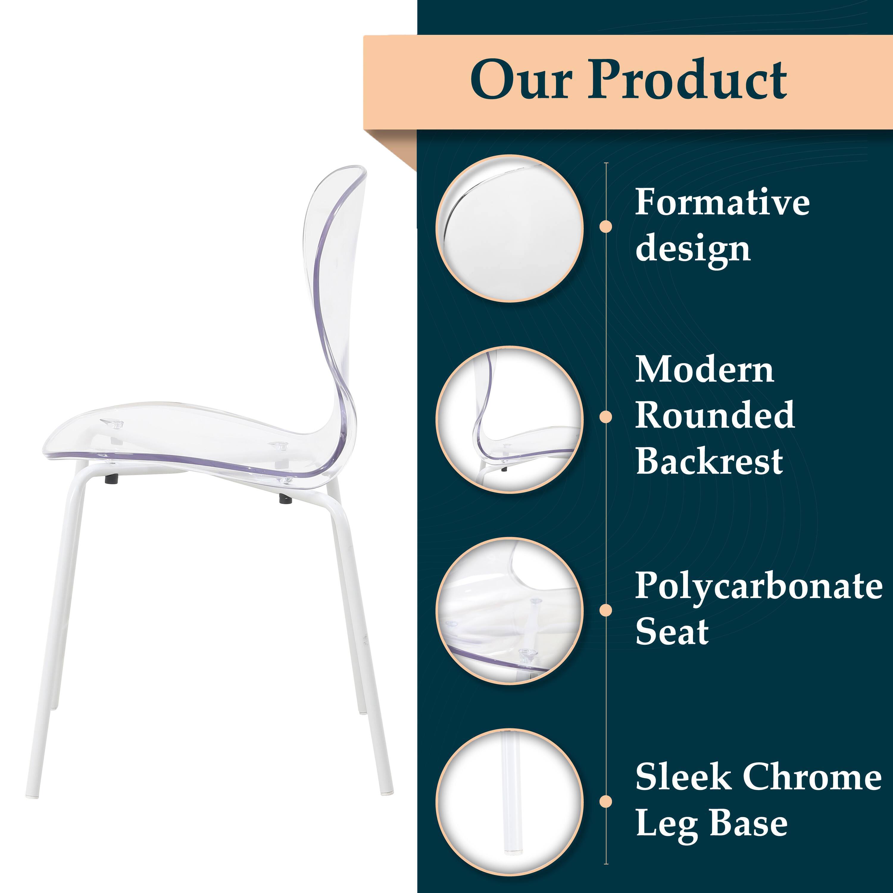 Our Product  
Formative design  
Modern Rounded Backrest  
Polycarbonate Seat  
Sleek Chrome Leg Base