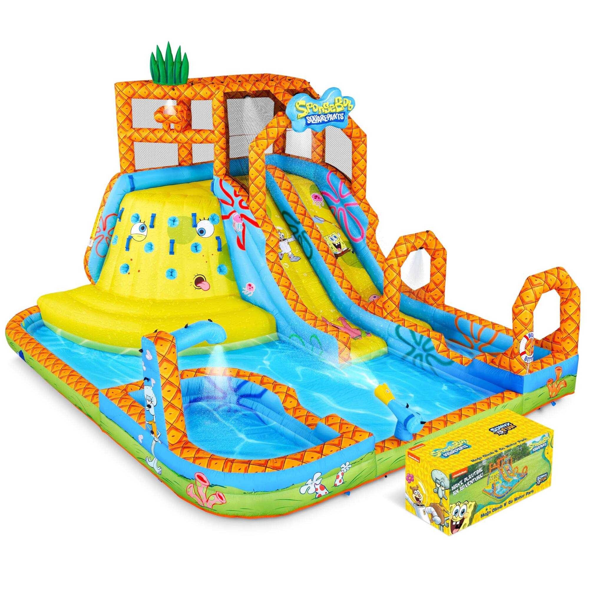 Sunny & Fun - SpongeBob Mega Climb N’ Go Inflatable Water Slide with Climbing Wall, 2 Slides & More!