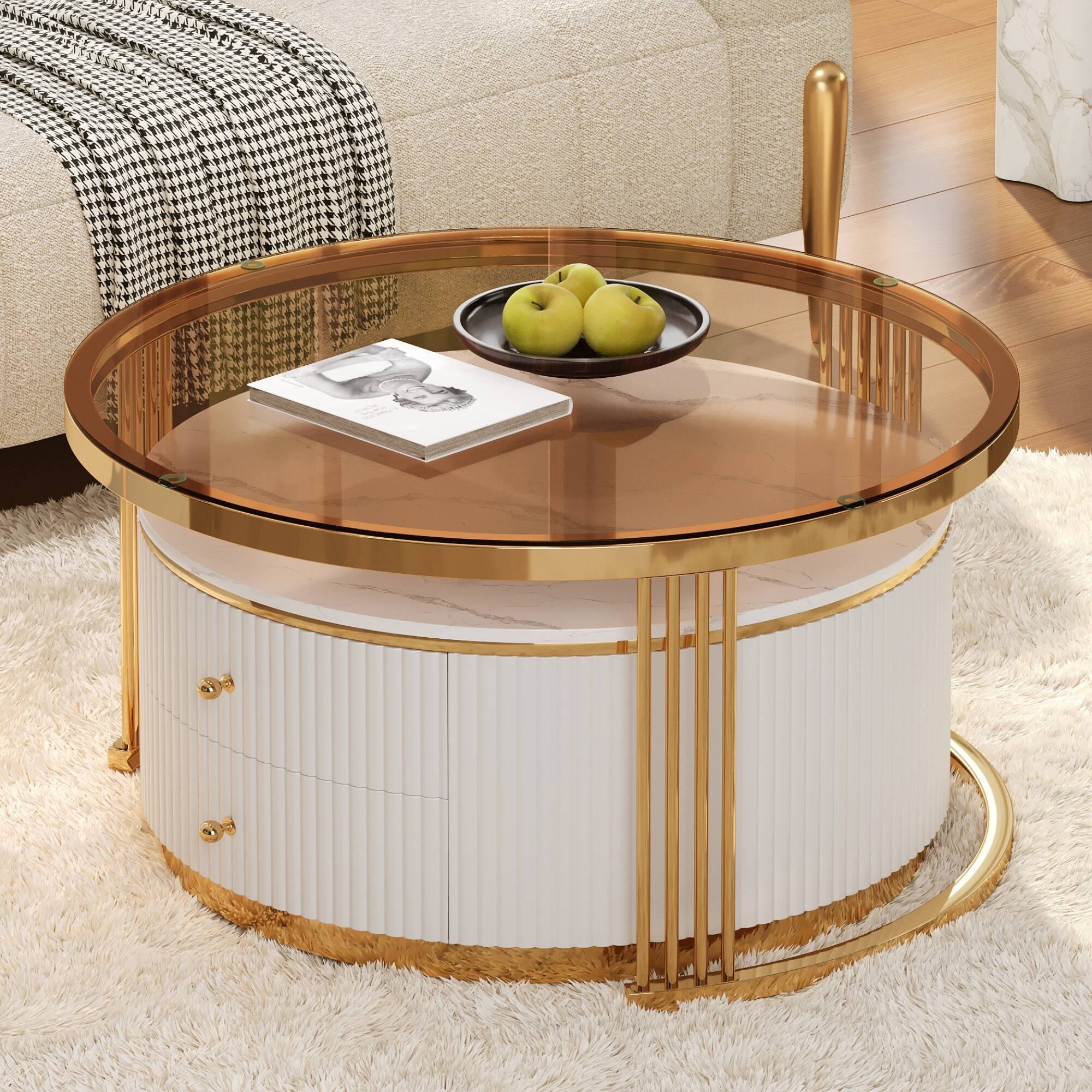 Alt View 2. Loheer - 2-Piece Round Nesting Coffee Table Set with Drawers and Tempered Glass Top, 27.6 in - Brown,White.