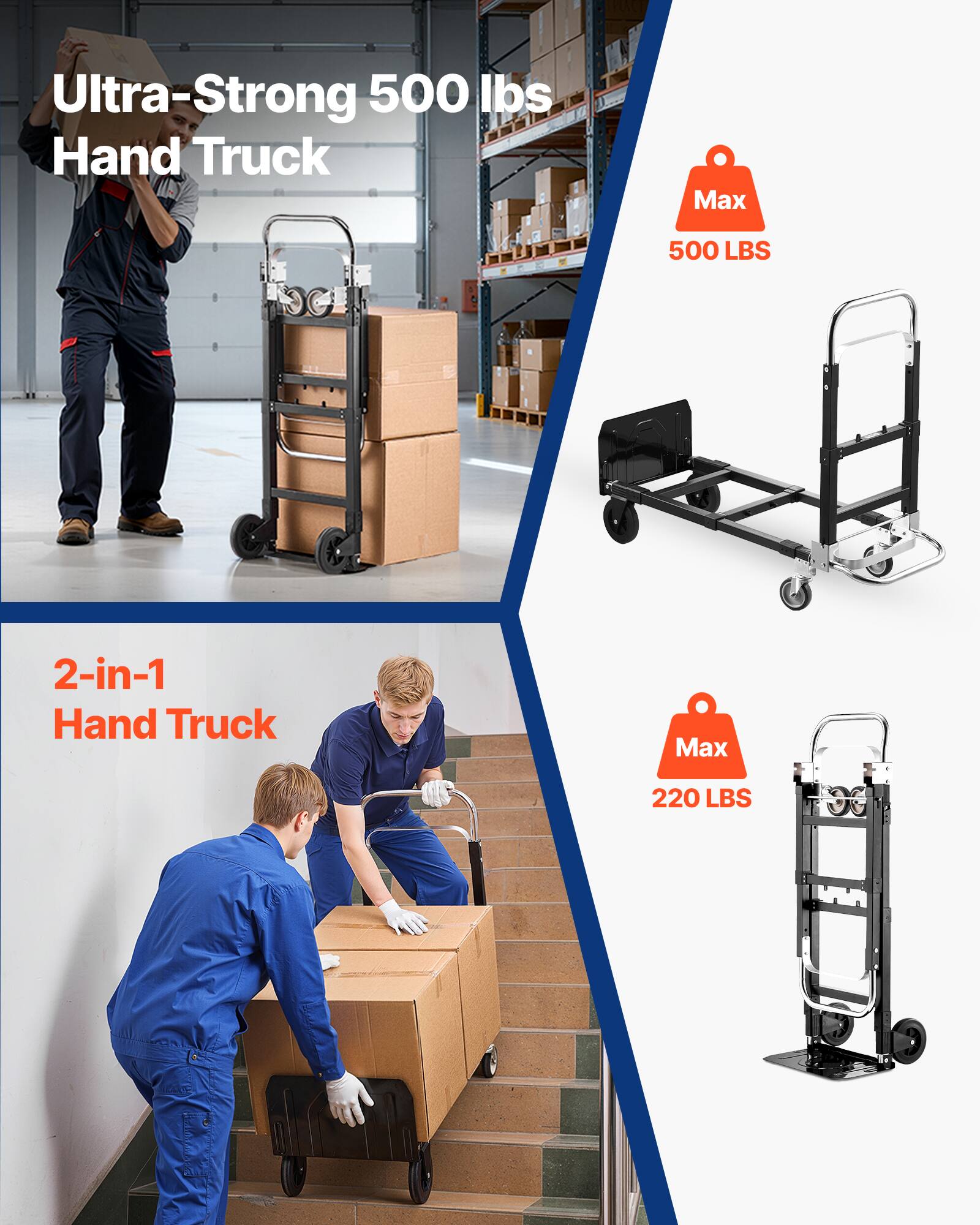 Ultra-Strong 500 lbs Hand Truck  
Max 500 LBS  

2-in-1 Hand Truck  
Max 220 LBS